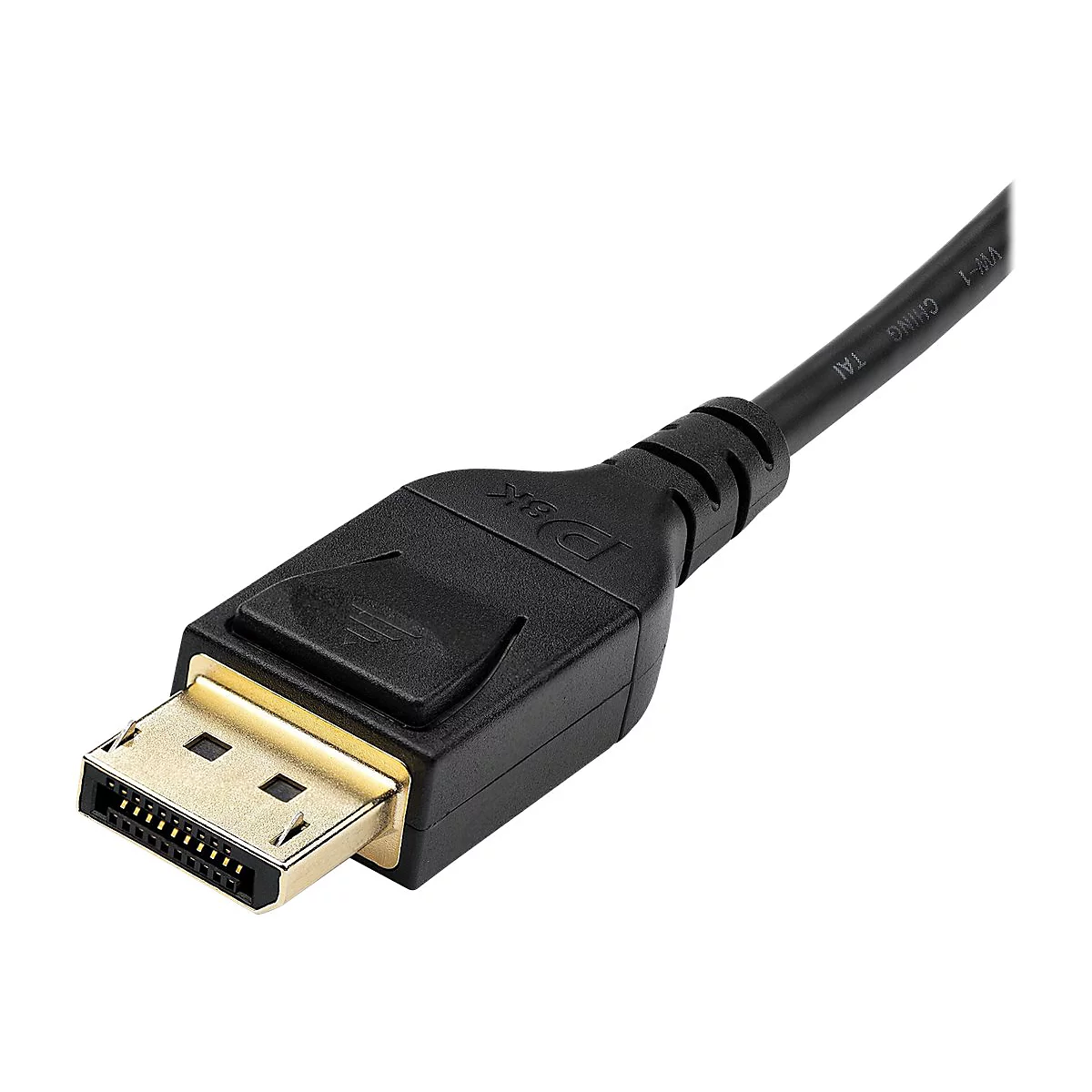 Nahaufnahme eines schwarzen DisplayPort-Kabels mit goldenen Kontakten. Der Stecker ist im Detail zu sehen, die Beschriftung "DBK" ist erkennbar.