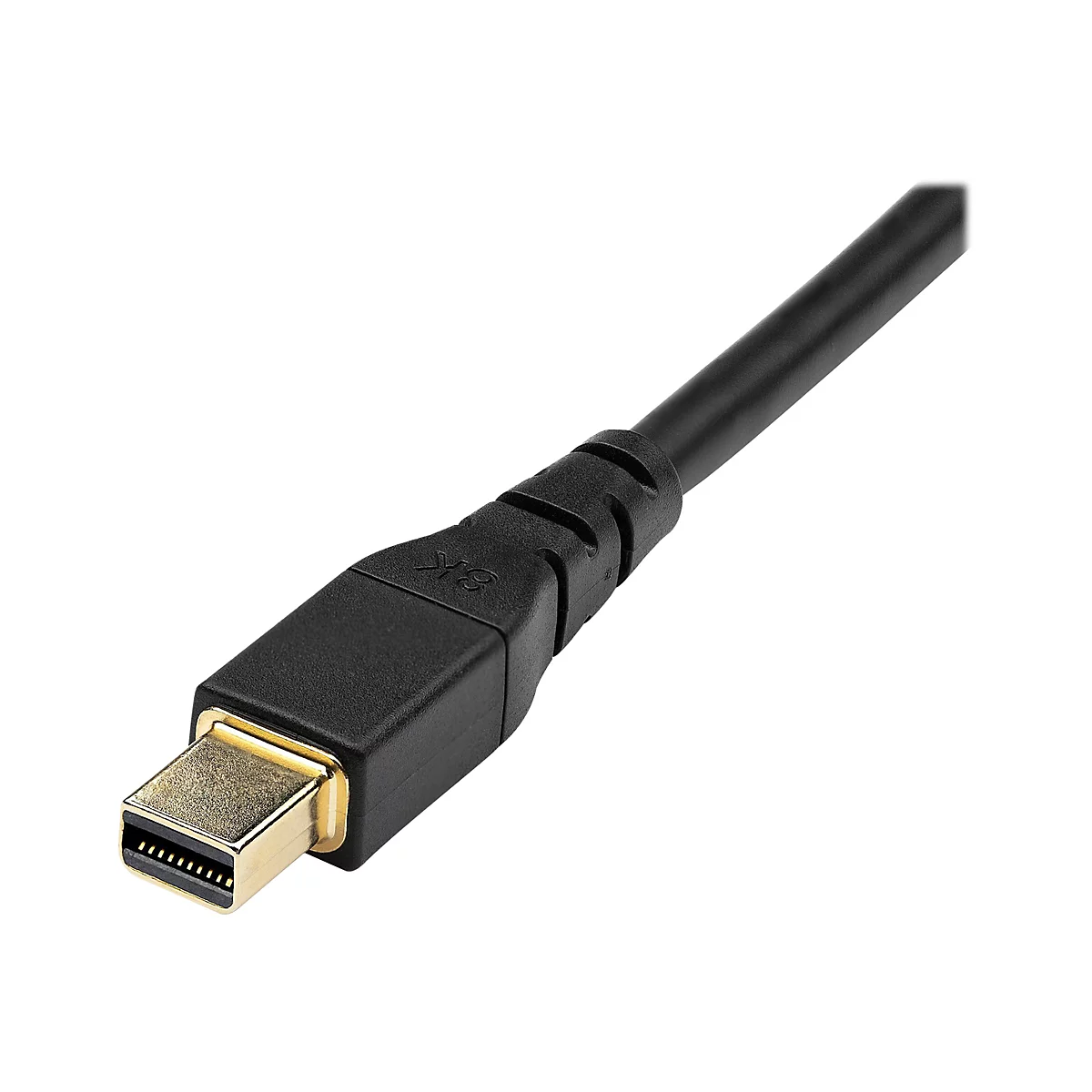 Nahaufnahme eines schwarzen DisplayPort-Kabels mit goldenem Stecker. Auf dem Stecker ist "8K" eingraviert.