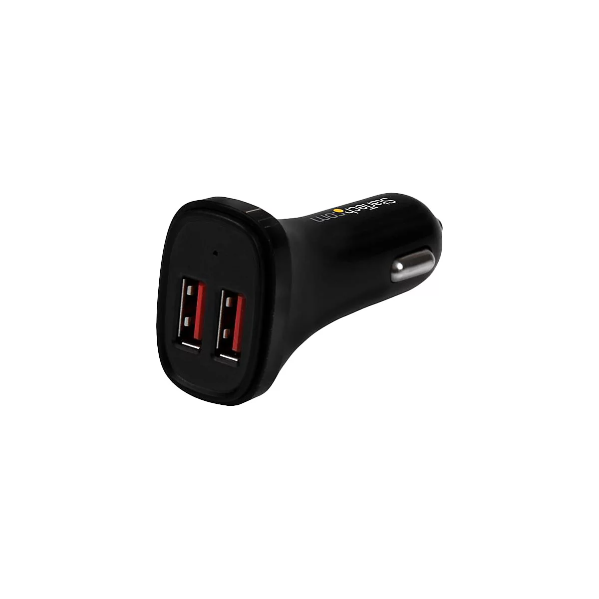 Schwarzes USB-Ladegerät für den Zigarettenanzünder, zwei USB-Anschlüsse, rote Innenflächen.
