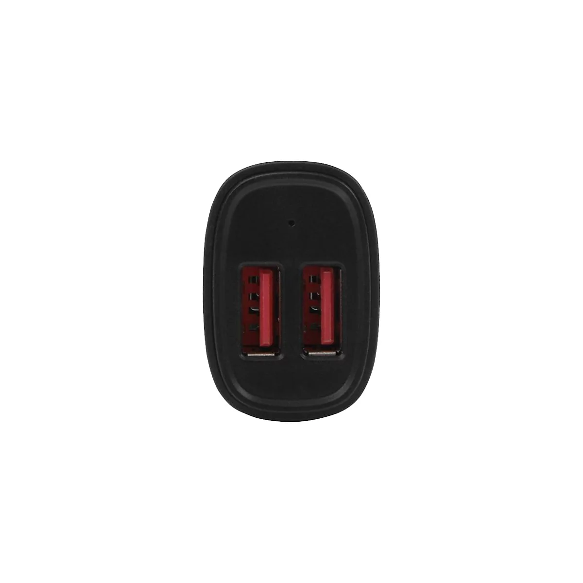 Schwarzes Ladegerät mit zwei USB-Anschlüssen. Rote Innenräume in den Anschlüssen.