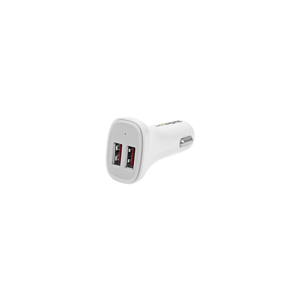 Weißes USB-Autoladegerät mit zwei Anschlüssen. Die Anschlüsse sind rot ausgekleidet. Der Schriftzug Startech.com ist zu sehen.