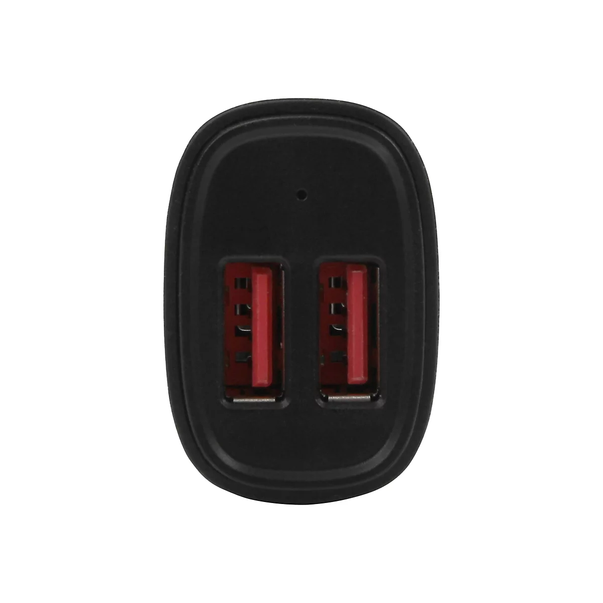 Nahaufnahme eines schwarzen USB-Autoladegeräts mit zwei roten USB-Anschlüssen.