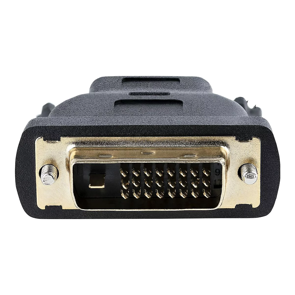 Nahaufnahme eines DVI-Anschlusses mit goldenen Kontakten und Schraubbefestigungen.