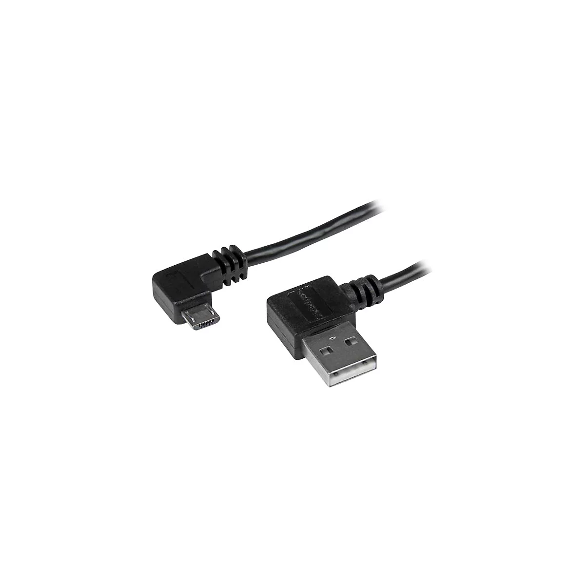 Schwarzes USB-Kabel mit abgewinkelten Steckern. Ein Stecker ist USB, der andere Micro-USB. Auf weißem Hintergrund.