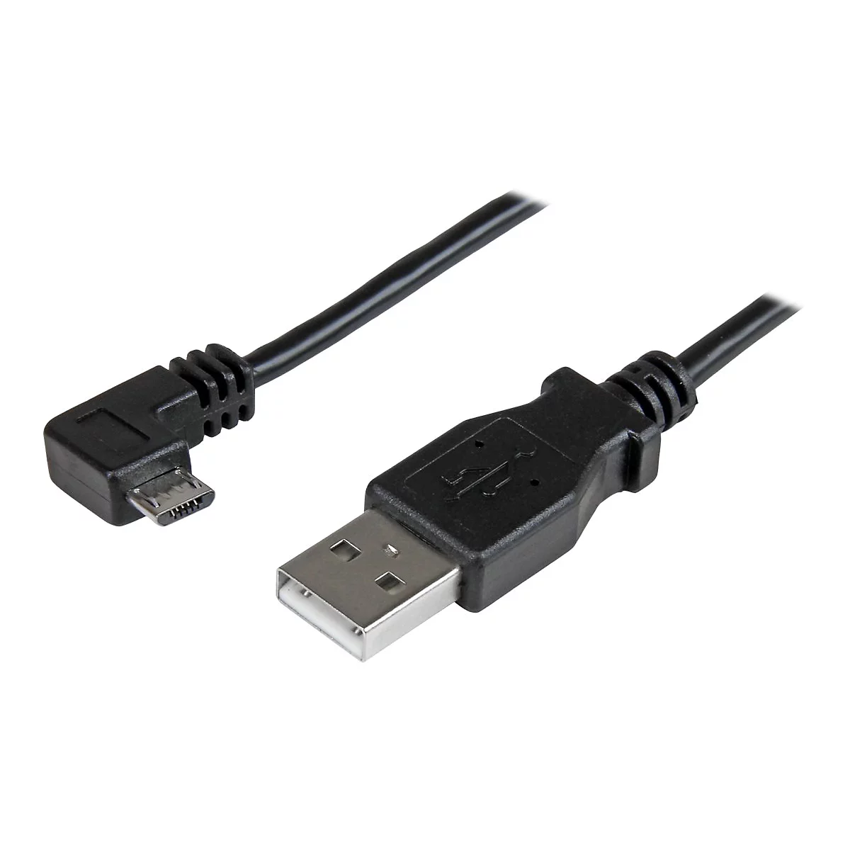 Schwarzes USB-Kabel mit Micro-USB-Anschluss, isoliert auf weißem Hintergrund.