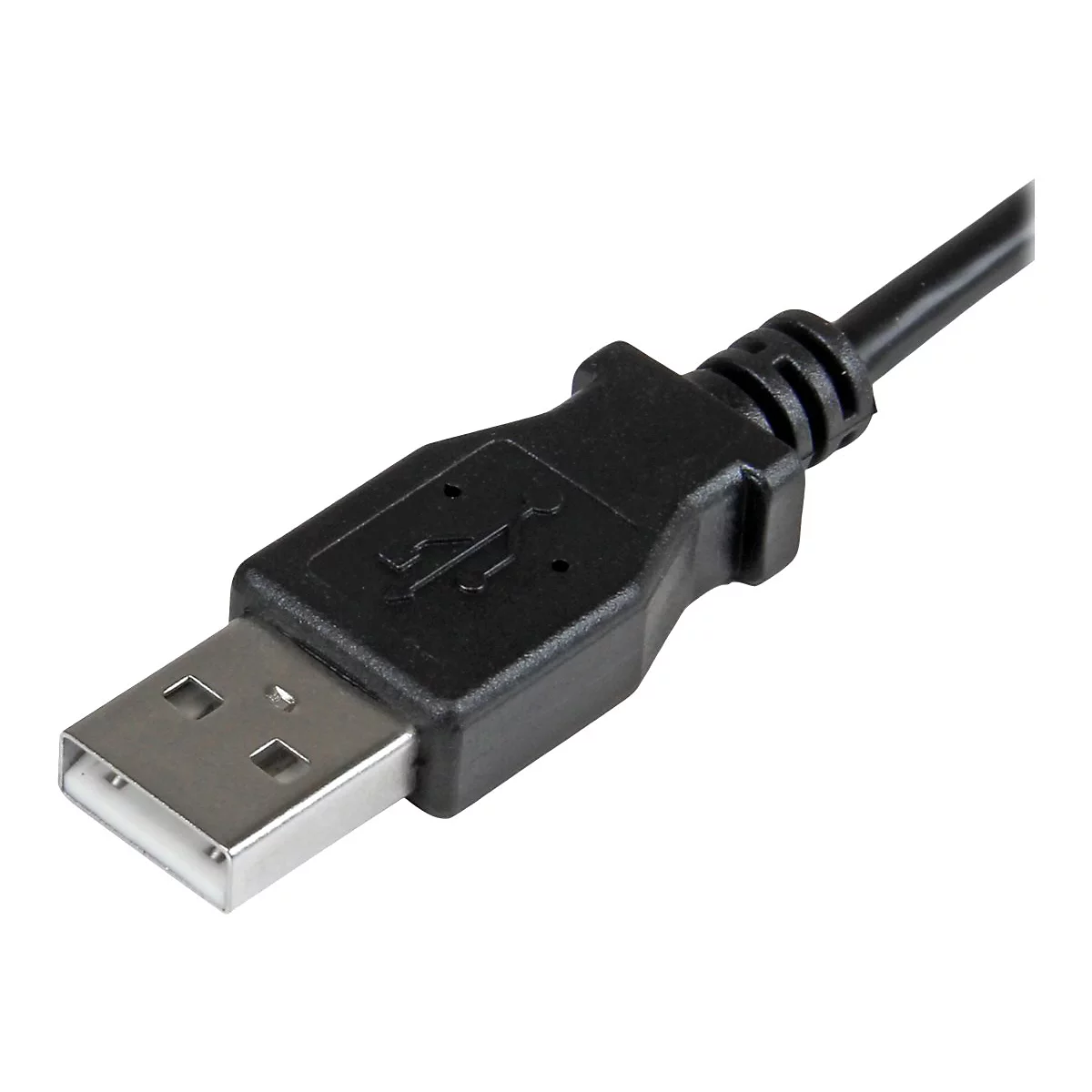 Nahaufnahme eines schwarzen USB-Kabels mit silbernem Stecker.