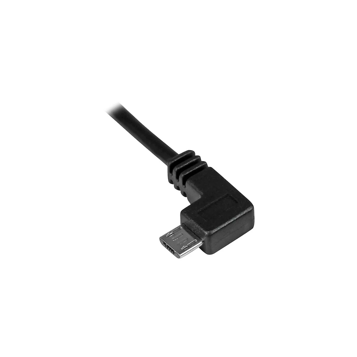 Nahaufnahme eines schwarzen Micro-USB-Kabels mit abgewinkeltem Stecker.
