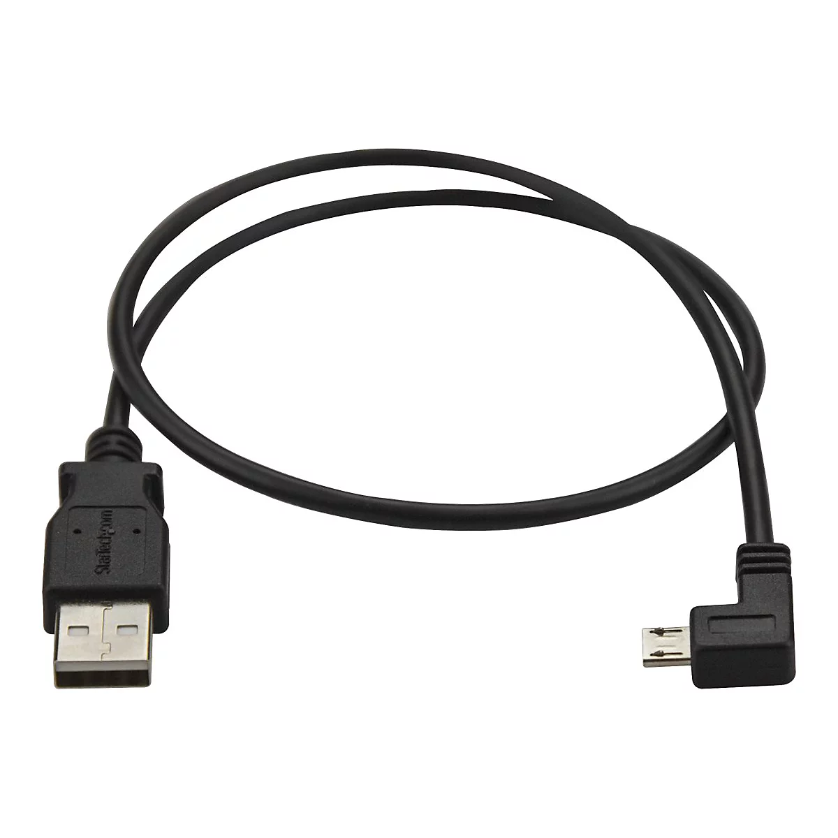 Schwarzes USB-Kabel mit einem Winkelstecker. Auf einem Stecker steht "StarTech.com".