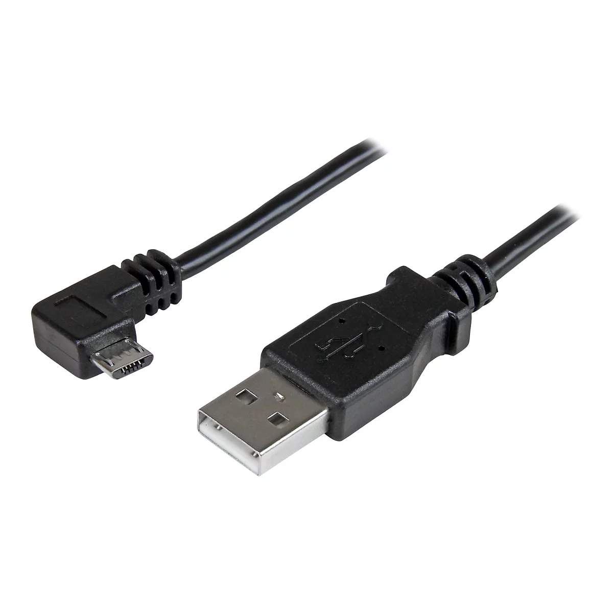 Ein schwarzes USB-Kabel mit Mikro-USB-Anschluss, im Winkel abgewinkelt. Der Stecker des USB-A-Anschlusses zeigt nach oben.