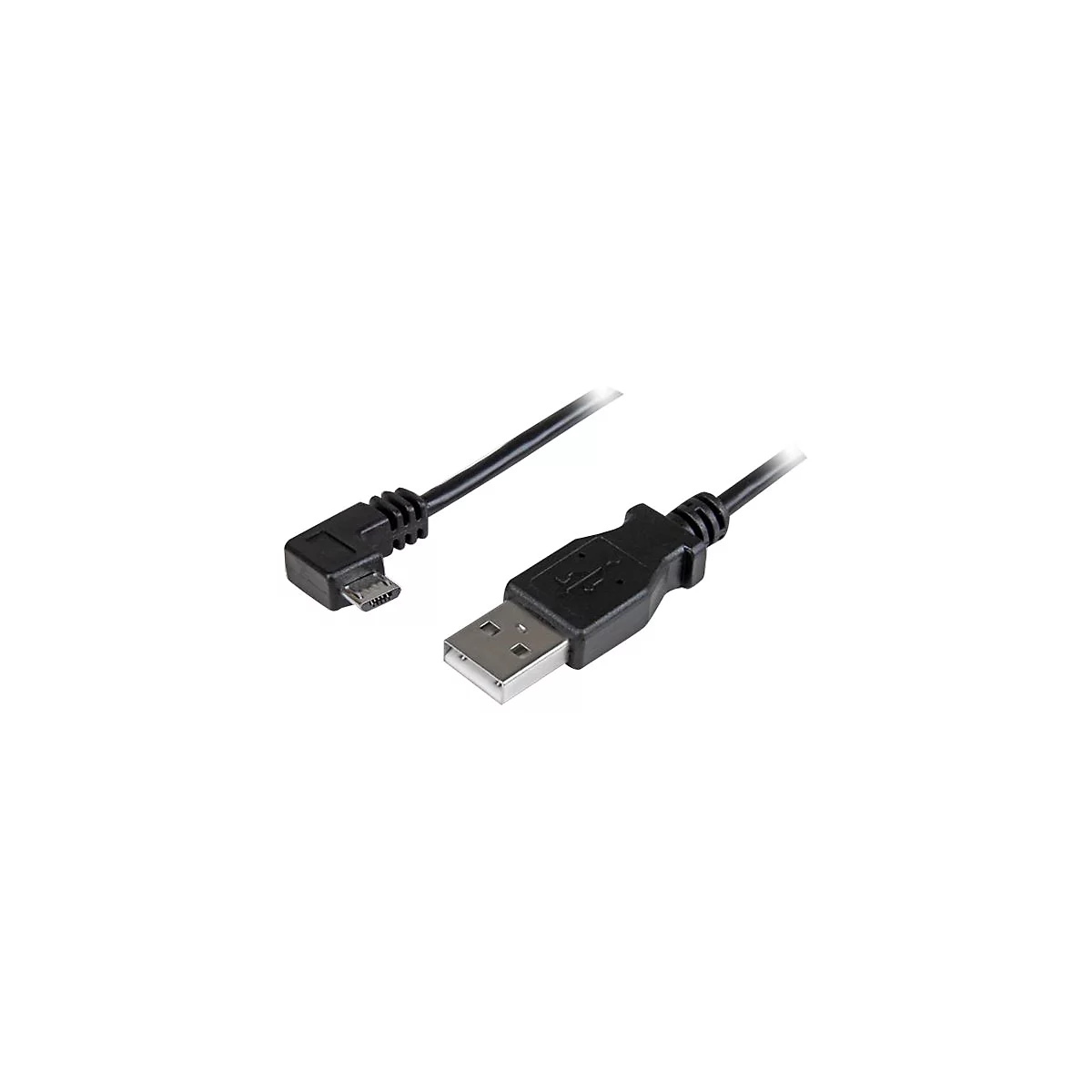 Ein schwarzes USB-Kabel mit einem rechtwinkligen Micro-USB-Anschluss und einem Standard-USB-A-Anschluss.
