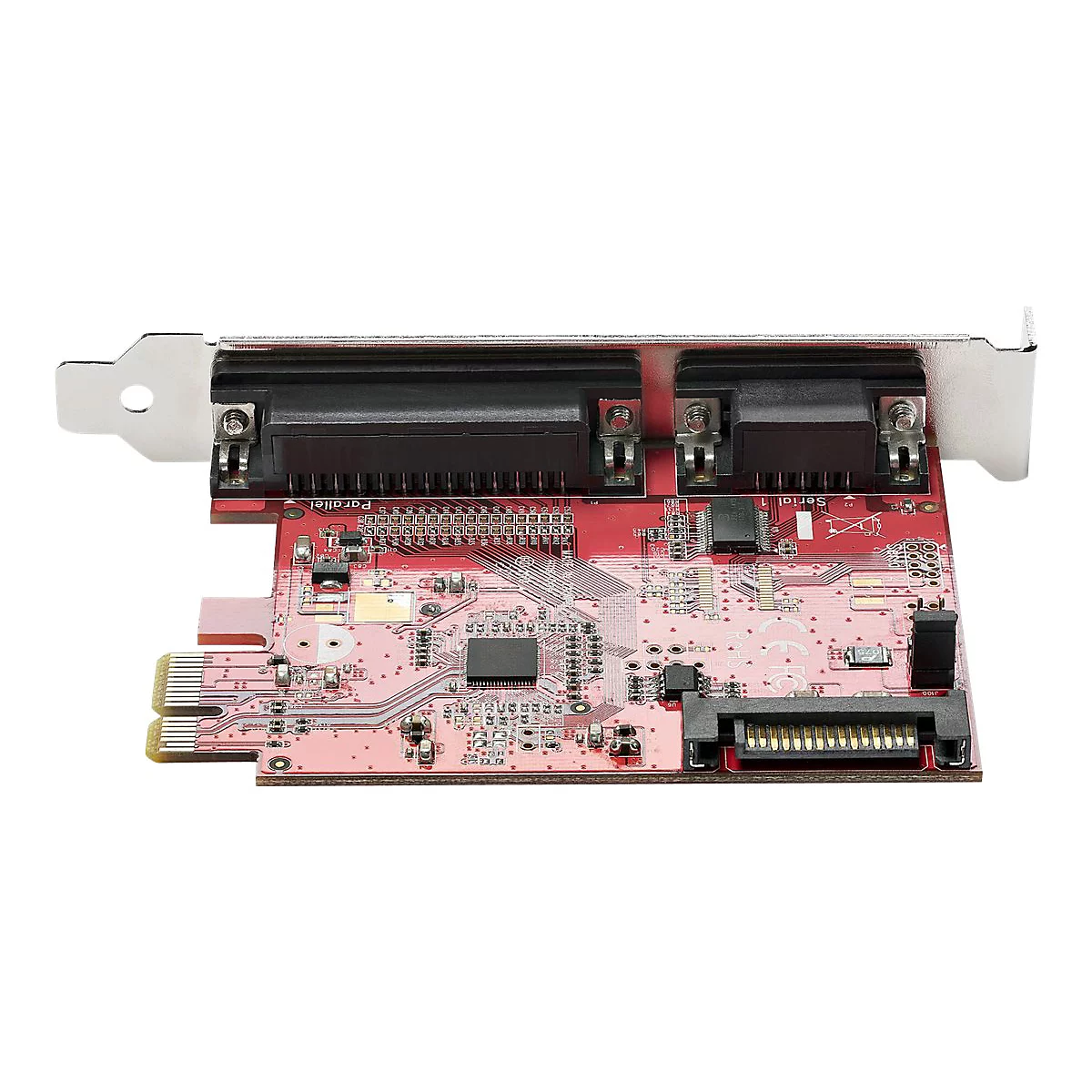 PCIe-Erweiterungskarte mit rotem Board, paralleler und serieller Schnittstelle sowie Metallblende.