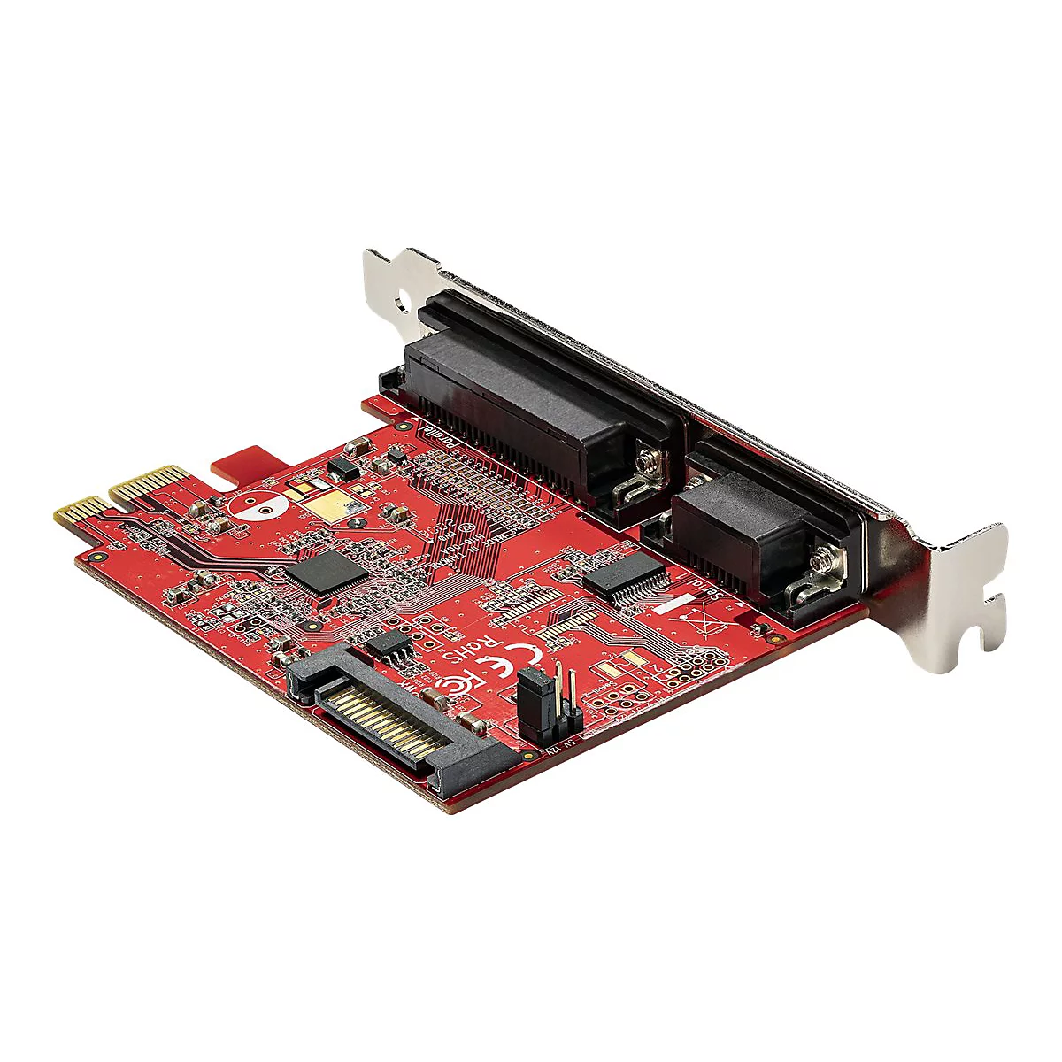 Rote PCIe-Erweiterungskarte mit einem parallelen und einem seriellen Anschluss vor weißem Hintergrund.