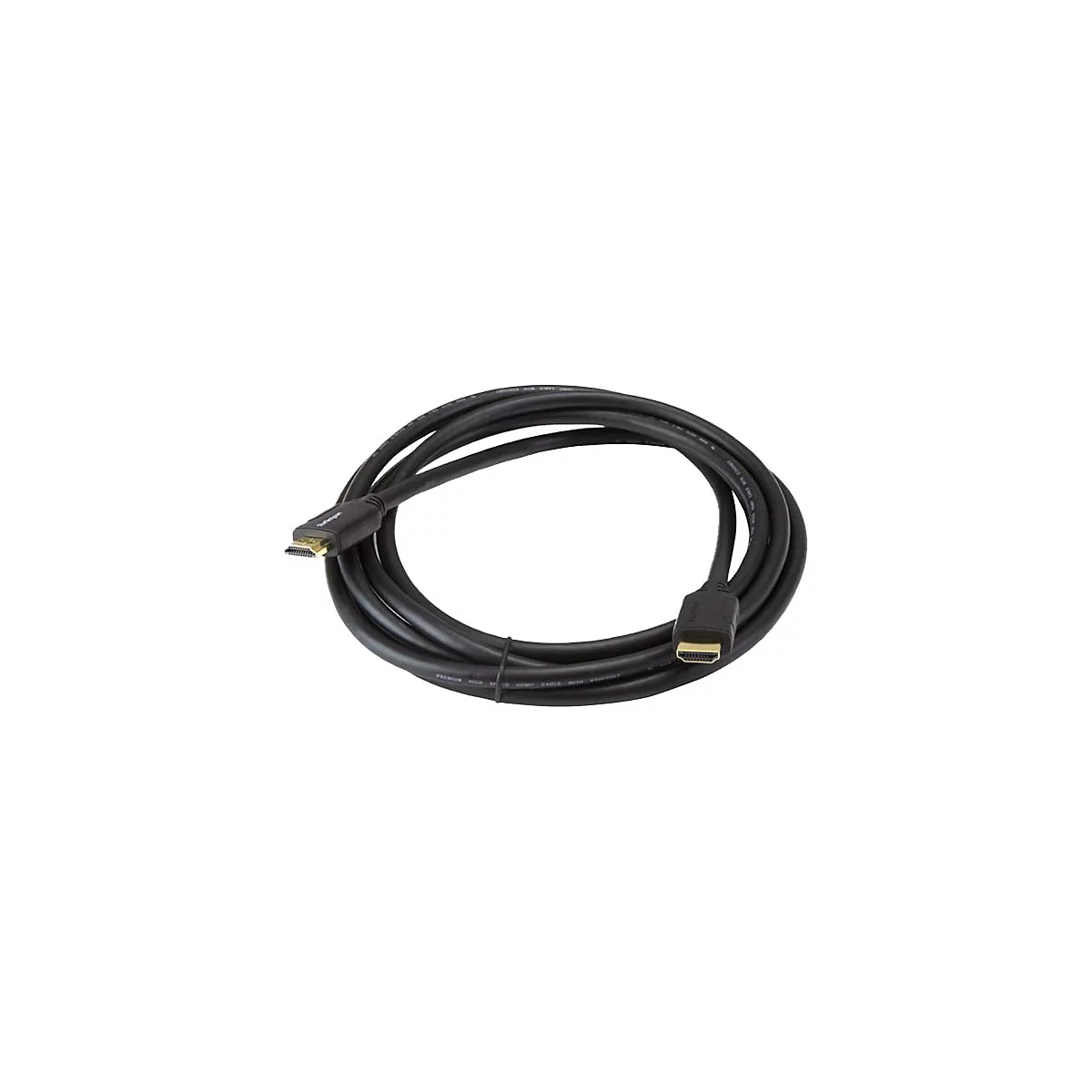Ein schwarzes HDMI-Kabel liegt gewunden vor weißem Hintergrund. An den Enden sind Stecker zu sehen.
