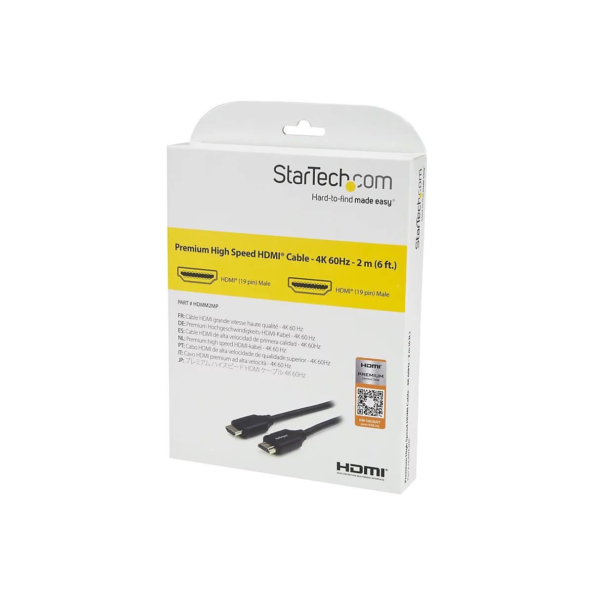 Produktverpackung für StarTech.com Premium High Speed HDMI-Kabel, 2 Meter lang, 4K 60Hz Auflösung.