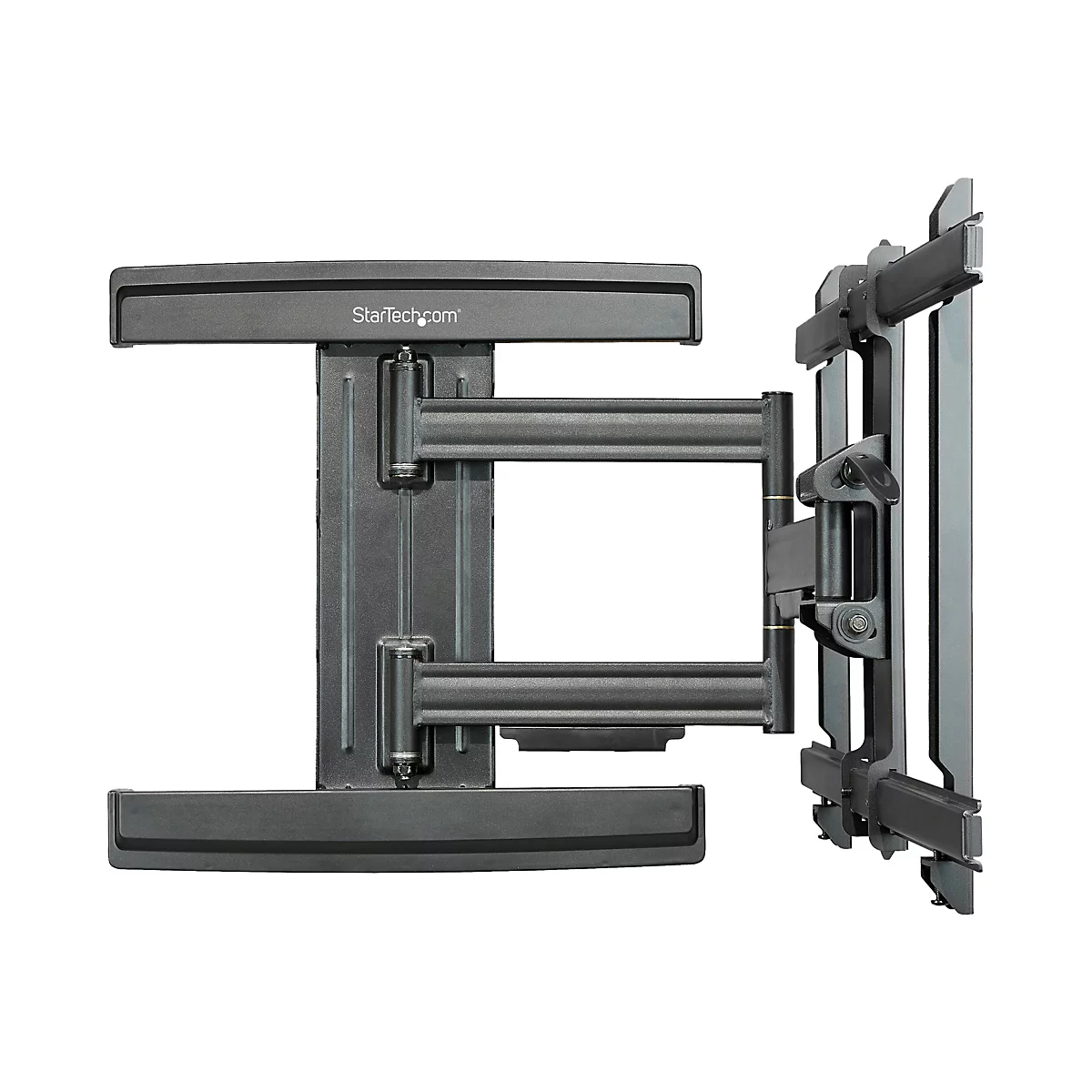 Schwarze TV-Wandhalterung, Hersteller StarTech.com, vor weißem Hintergrund. Die Halterung ist in zwei Hauptteile unterteilt: eine Platte für die Wandmontage und eine Halterung für den Fernseher. Das Design ist robust und funktionell.