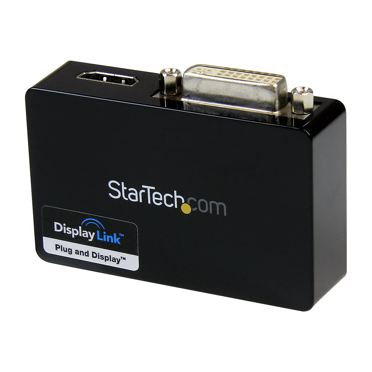 Schwarzer Adapter mit HDMI-, DVI- und USB-Anschlüssen. Aufschrift StarTech.com und DisplayLink Plug and Display.
