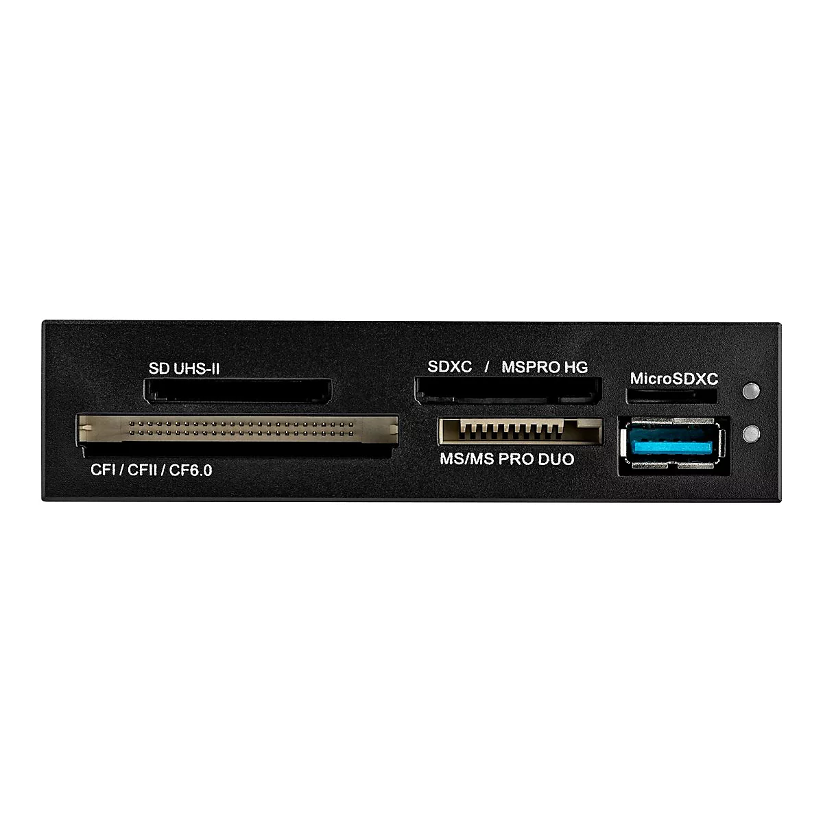 Schwarzer Kartenleser mit verschiedenen Anschlüssen für SD, MicroSD und CF-Karten. Beschriftung: SD UHS-II, SDXC, MicroSDXC, CFI.