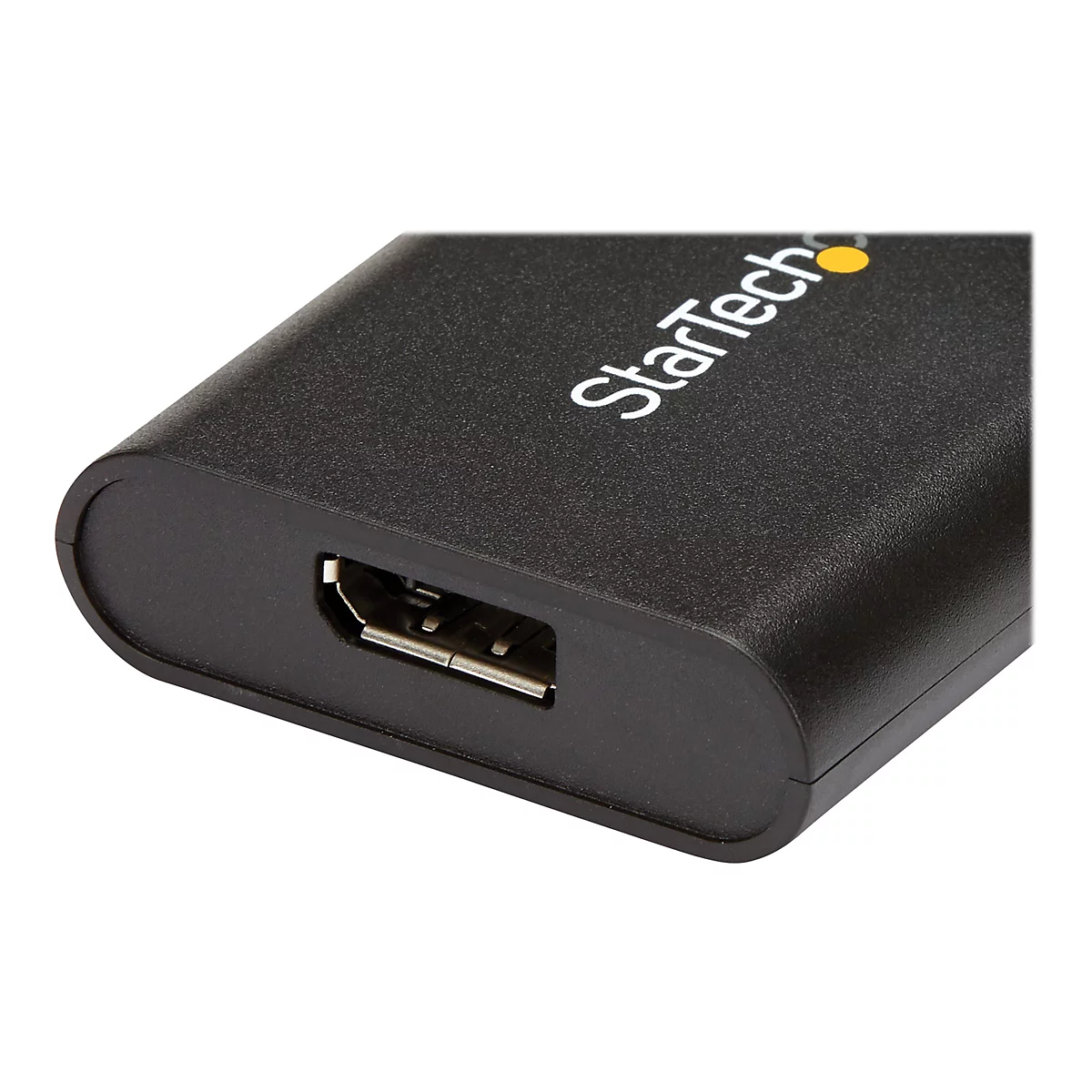 Nahaufnahme eines schwarzen USB-Adapters mit dem Logo "StarTech" und einer USB-Anschlussöffnung.
