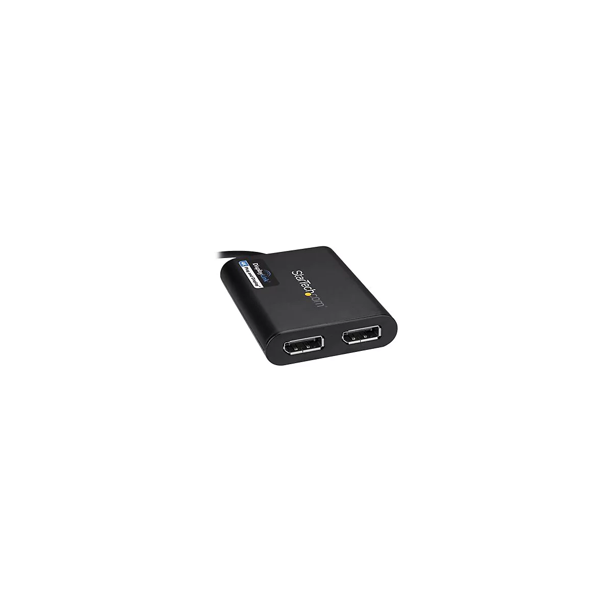 Schwarzer DisplayPort-Adapter mit zwei Anschlüssen. Aufschrift: DisplayLink 4K Plug and Display. Logo: StarTech.com.