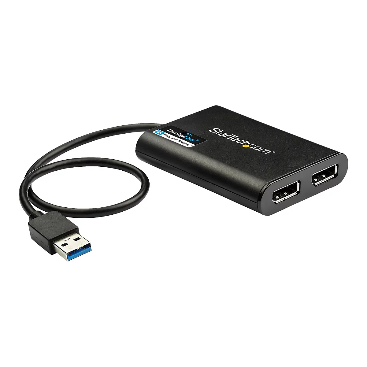 Schwarzer USB-Adapter mit StarTech.com Logo und DisplayLink Schriftzug. Zwei USB-Anschlüsse, verbunden mit USB-Stecker.