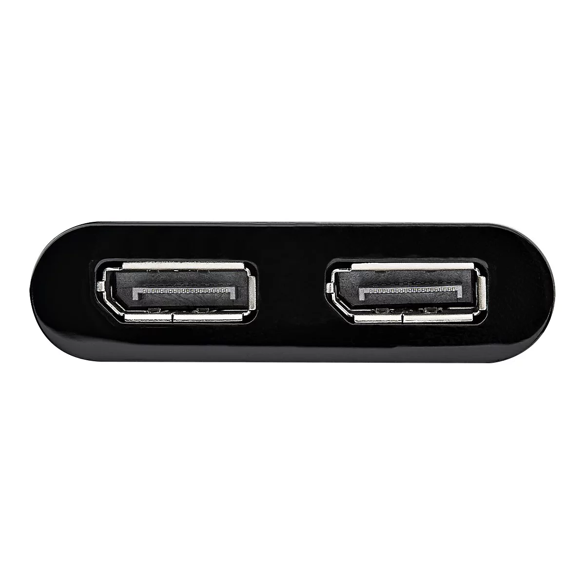 Schwarzer USB-Hub mit zwei Ports. Das Detailbild zeigt die Anschlüsse.