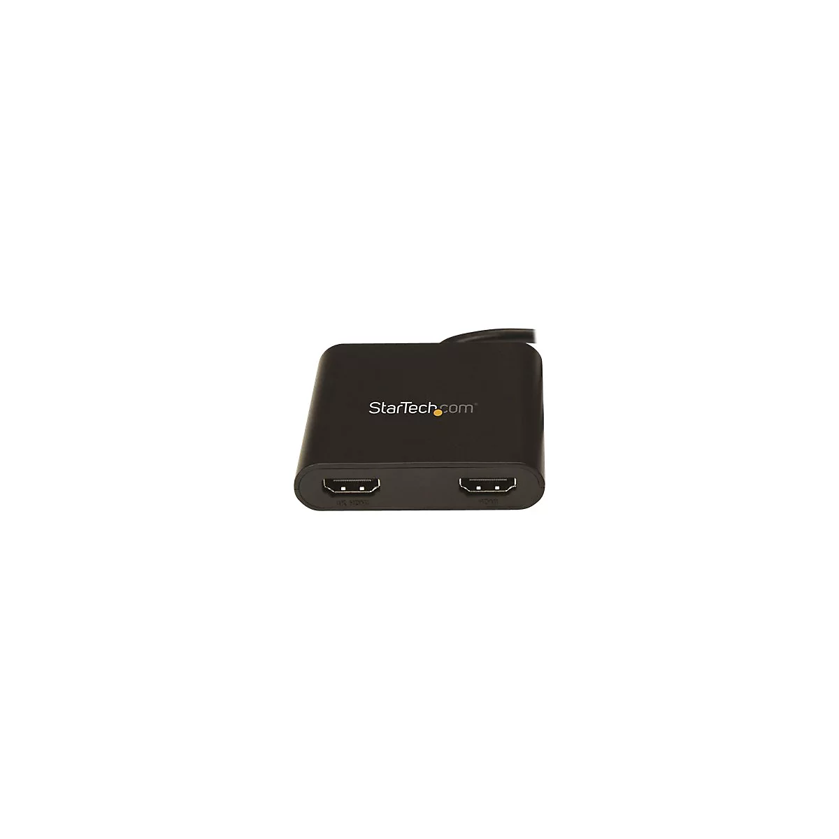 Schwarzer HDMI-Adapter mit zwei Anschlüssen und StarTech.com Logo. Unter den Anschlüssen steht 4K HDMI und HDMI.