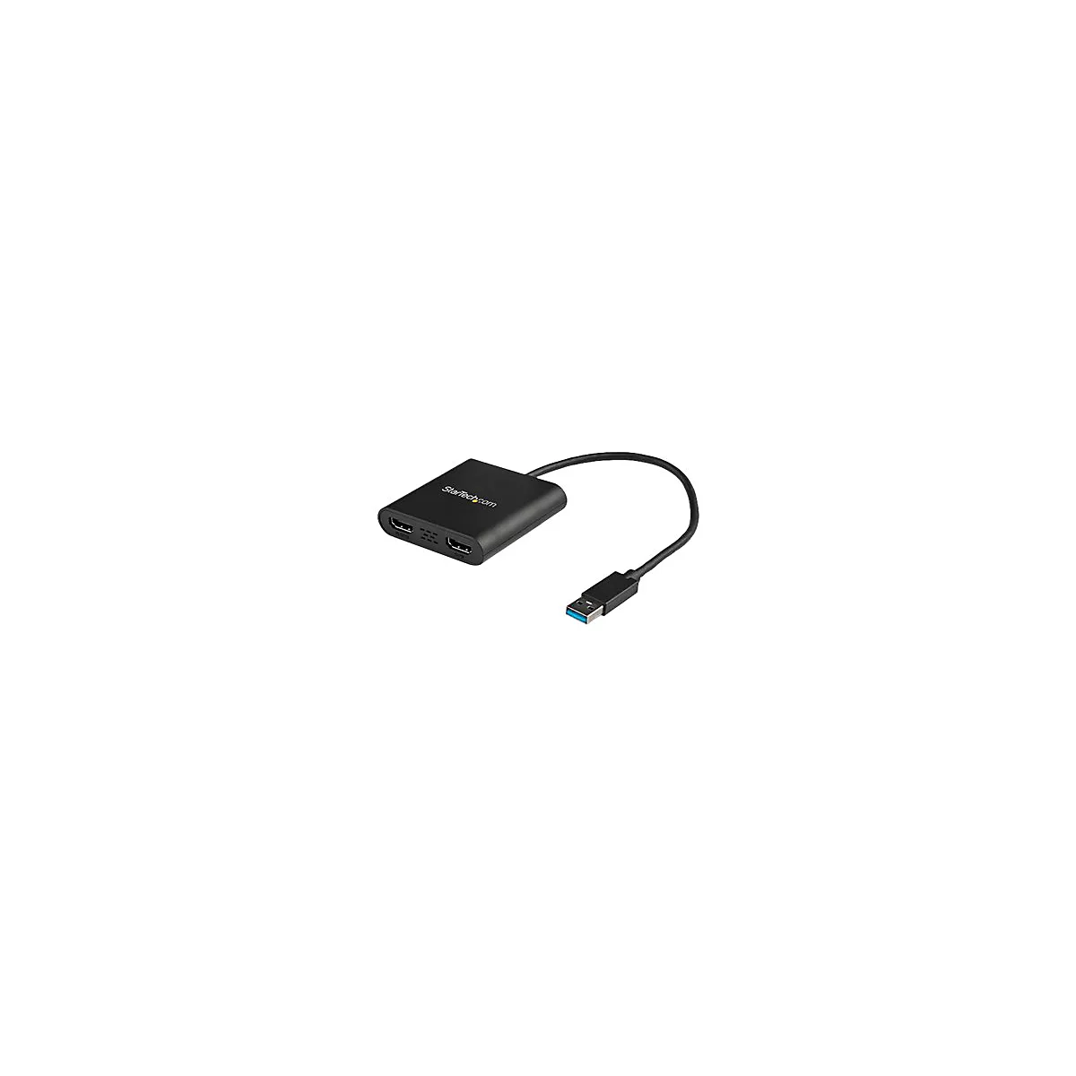Schwarzer USB-HDMI-Adapter. Das Gerät zeigt zwei HDMI-Anschlüsse und ein USB-Kabel. Aufschrift: StarTech.com.
