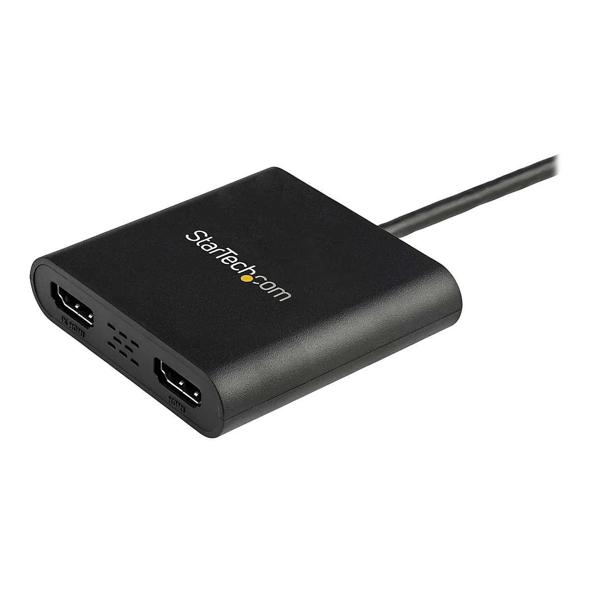 Ein schwarzer HDMI-Adapter der Marke StarTech.com. Er hat zwei HDMI-Anschlüsse und ein Kabel.