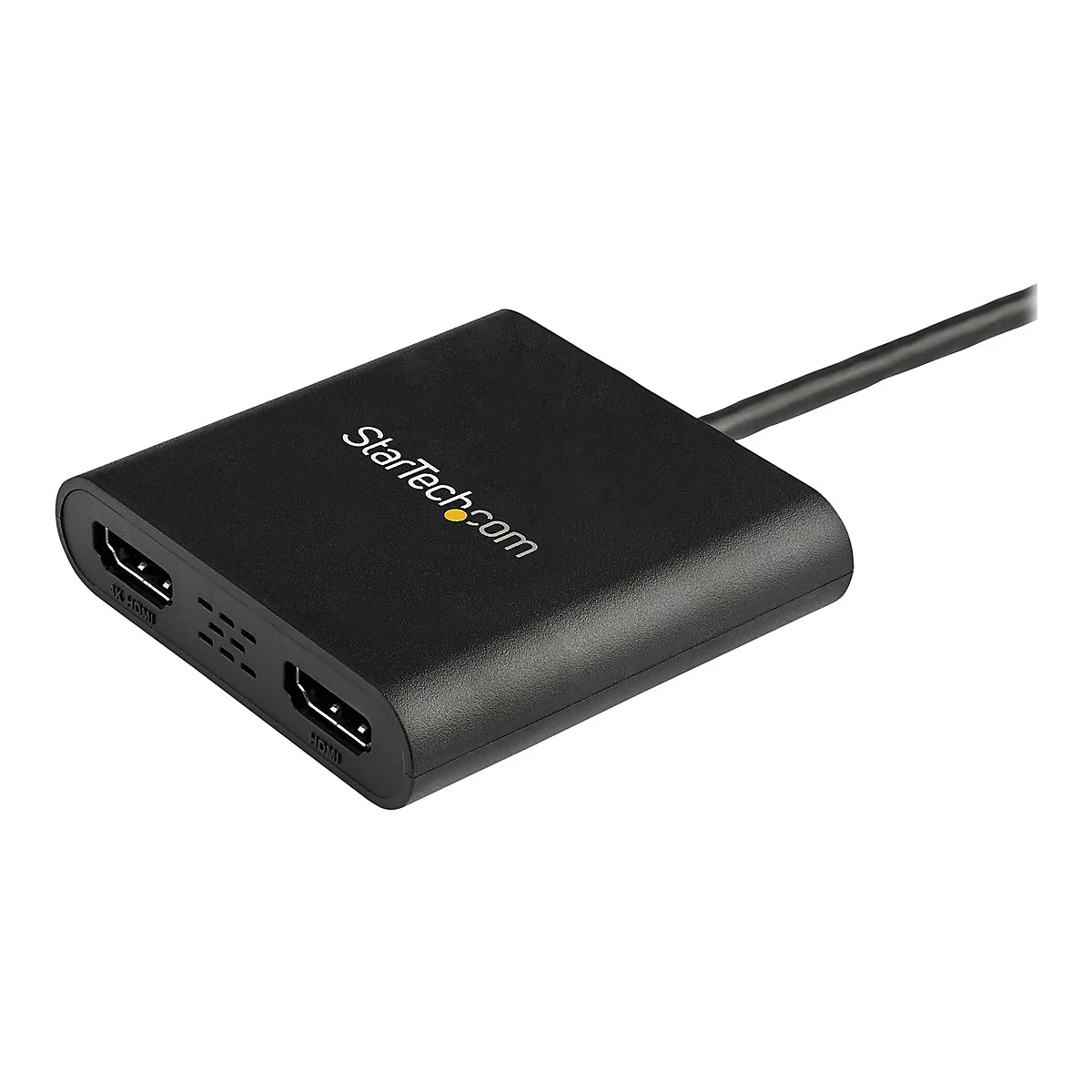 Schwarzer HDMI-Adapter mit zwei Anschlüssen und einem Kabel. StarTech.com Logo.
