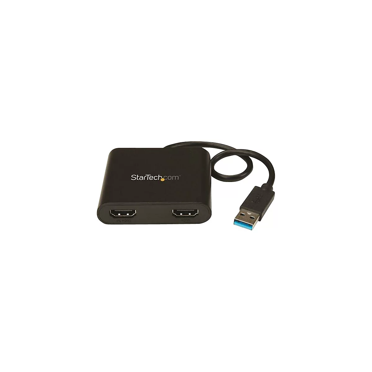 Schwarzer HDMI-Adapter mit USB-Kabel. Aufschrift: StarTech.com. Zwei HDMI-Eingänge und ein USB-Stecker.