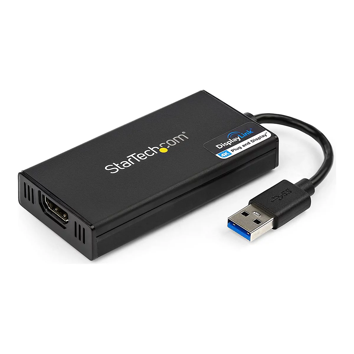 Schwarzer StarTech.com Adapter mit DisplayLink und USB-Anschluss, Nahaufnahme.