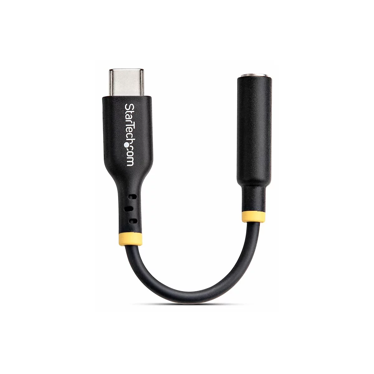 Ein schwarzer USB-C-auf-3,5-mm-Klinken-Adapter von StarTech.com. Beide Enden sind sichtbar.