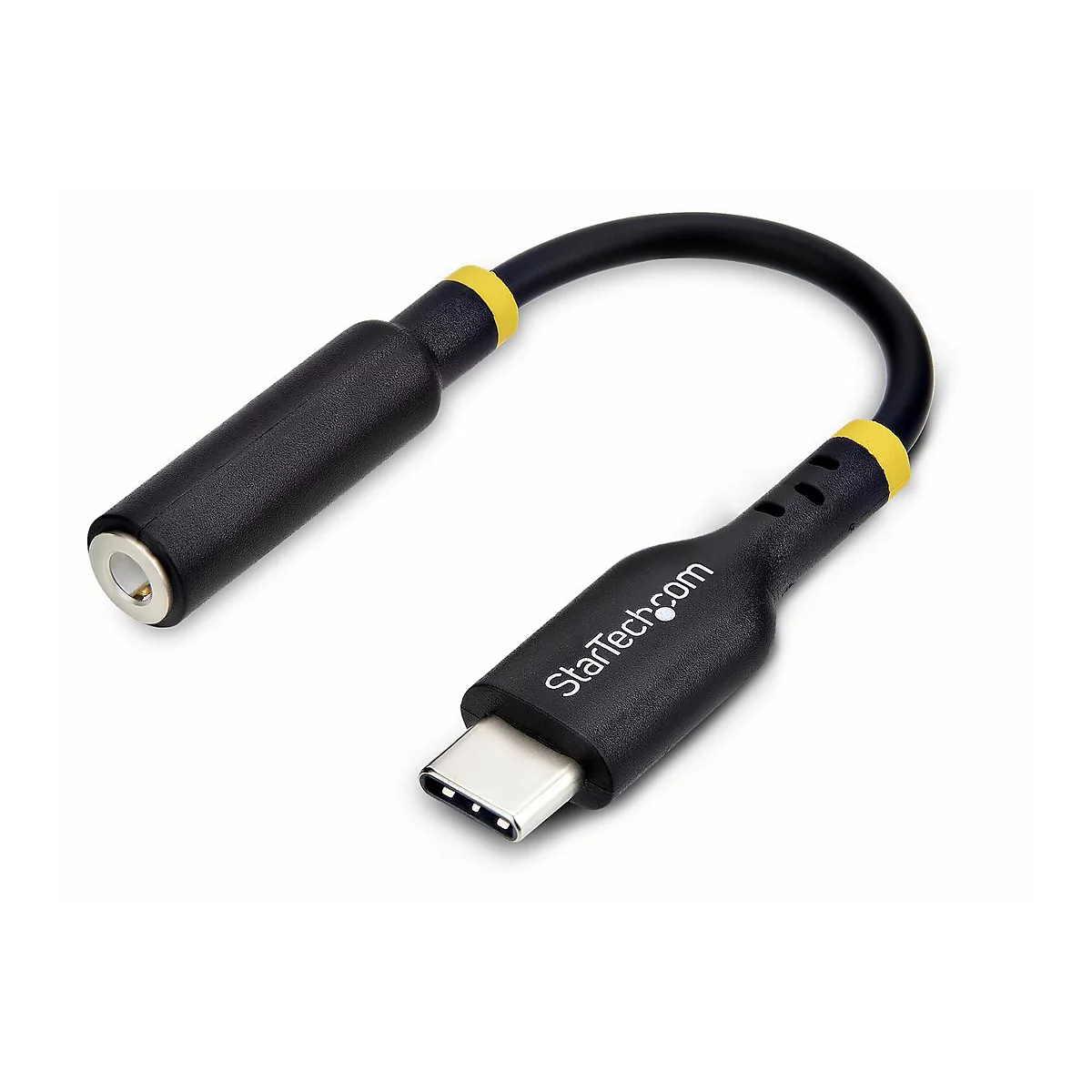 Schwarzer USB-C-auf-3,5-mm-Klinken-Adapter von StarTech.com. Beide Enden sind schwarz, mit gelben Akzenten und weißem Schriftzug.