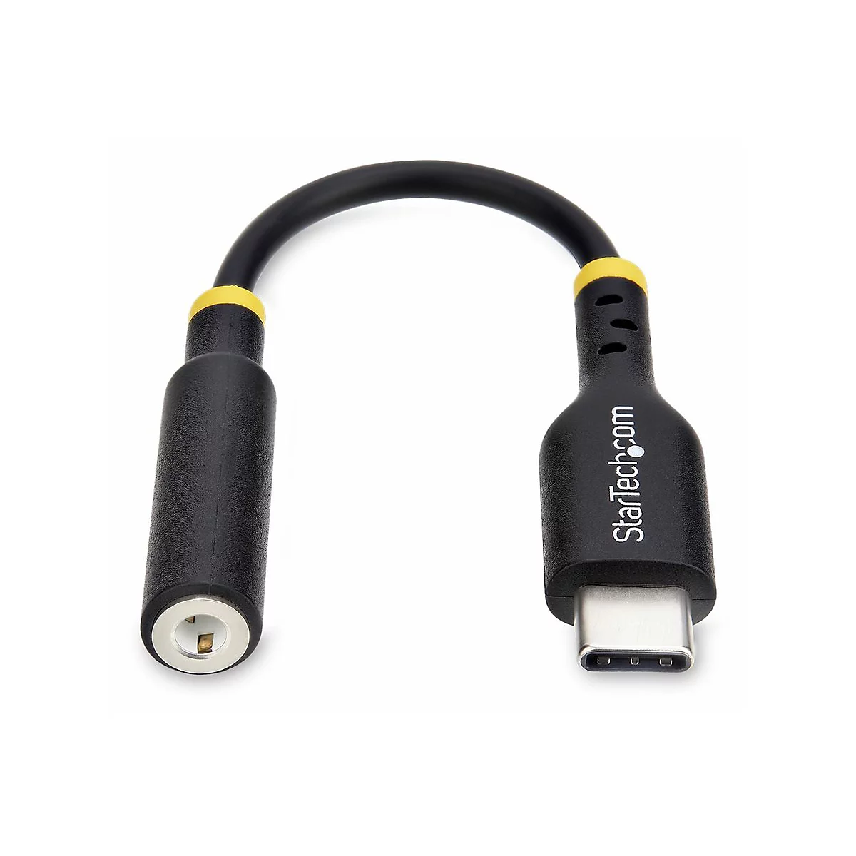 Schwarzer USB-C-auf-3,5-mm-Klinken-Adapter von StarTech.com. Beide Enden sind schwarz, verbunden durch ein schwarzes Kabel. Gelbe Ringe markieren die Übergänge.