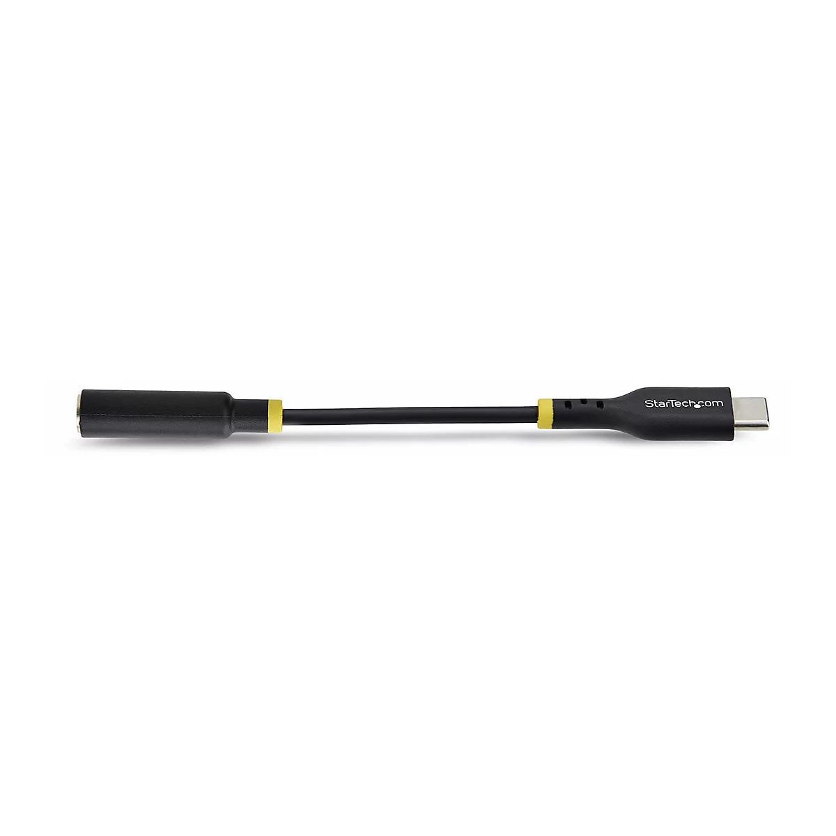 Schwarzer USB-C-auf-3,5-mm-Klinkenadapter mit gelben Akzenten. Auf dem Adapter steht StarTech.com.
