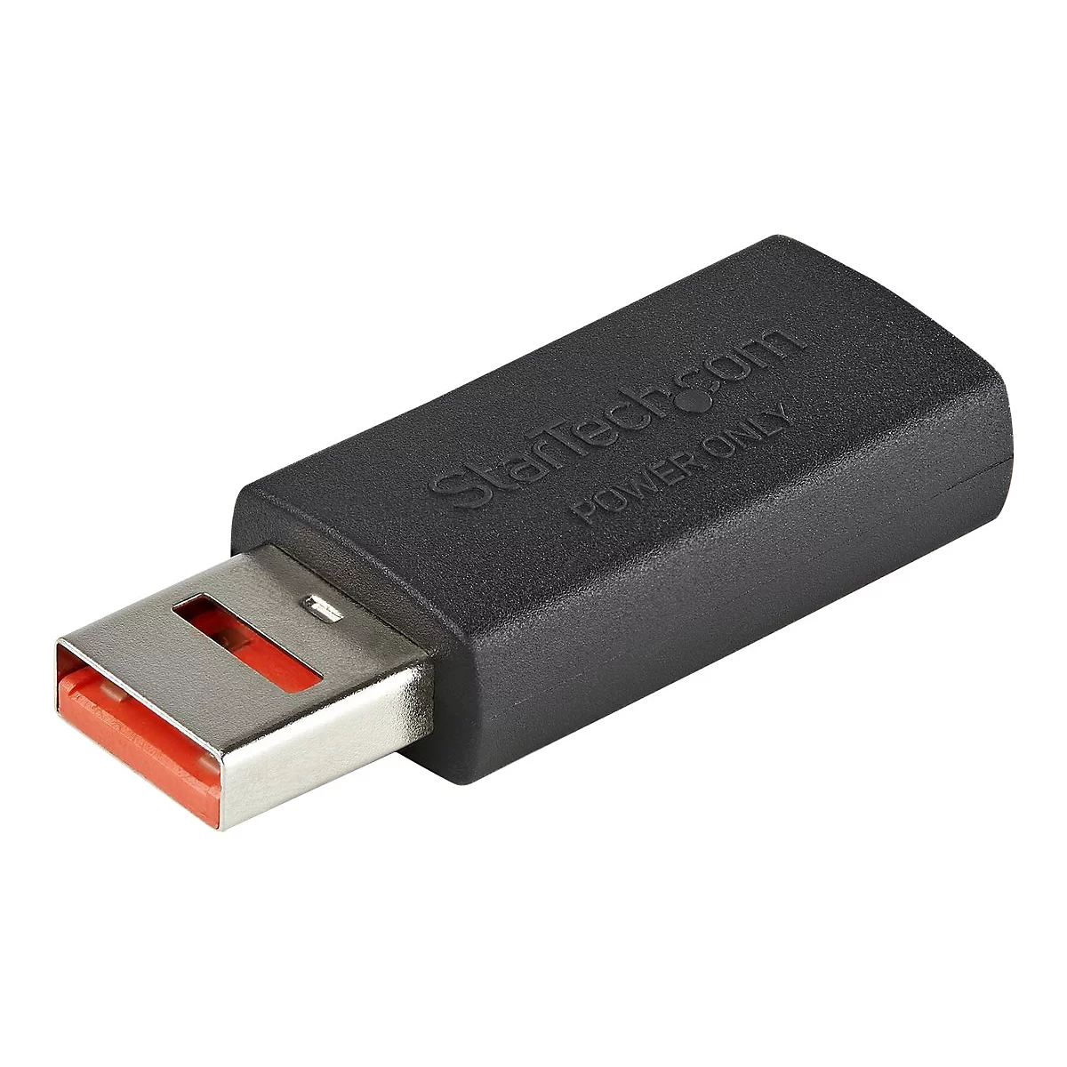 Schwarzer USB-Adapter mit StarTech.com-Logo, "POWER ONLY" Schriftzug. Silberfarbener USB-Anschluss mit rotem Innenleben.