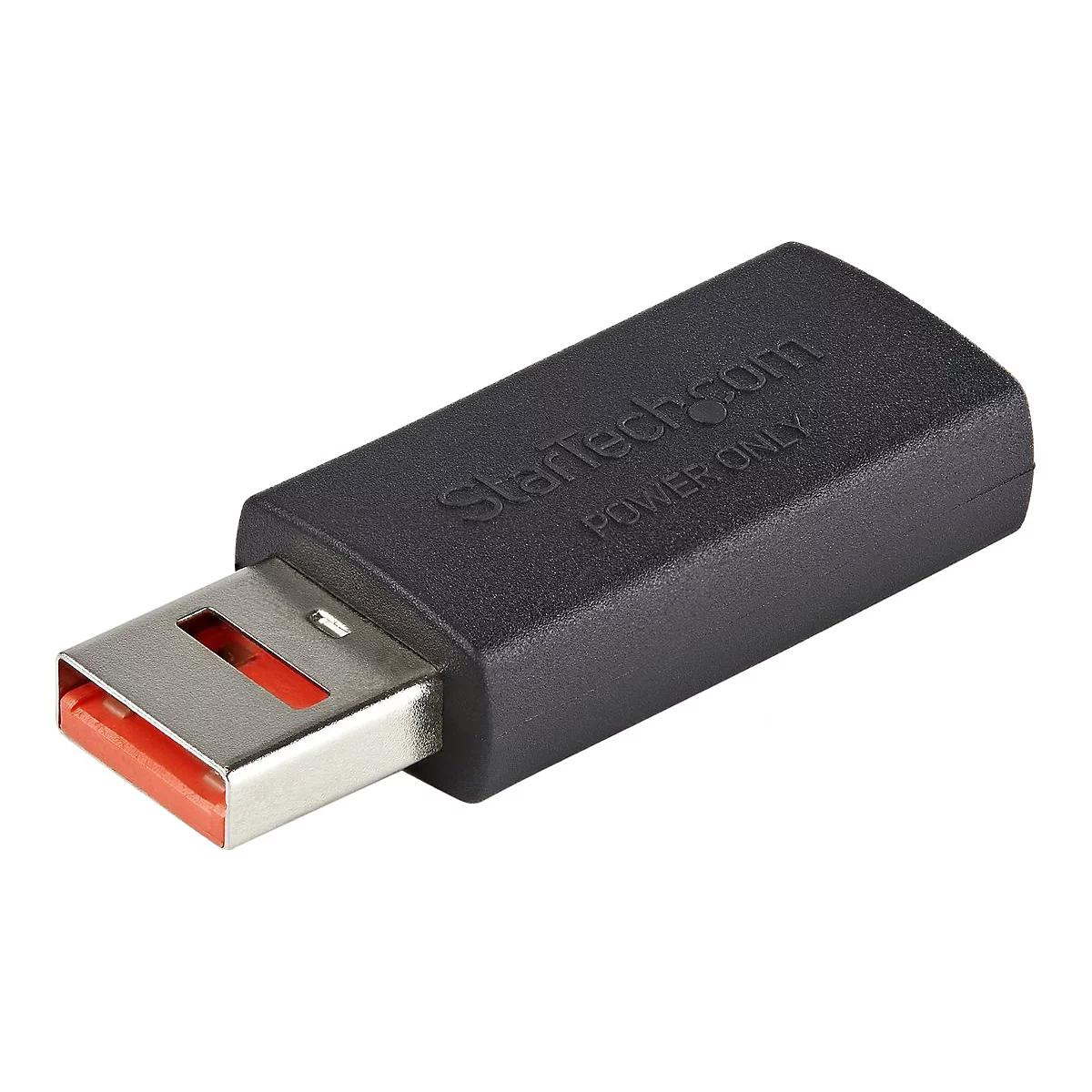 Schwarzer USB-Adapter von StarTech.com. Silberner USB-Anschluss, roter Innenraum, Schriftzug "POWER ONLY".