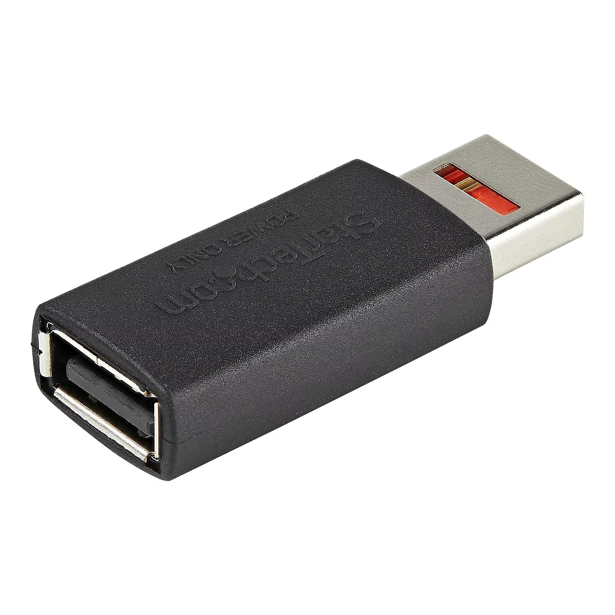Schwarzer USB-Adapter von StarTech.com mit USB-A- und USB-B-Anschlüssen. Aufschrift: "POWER ONLY".