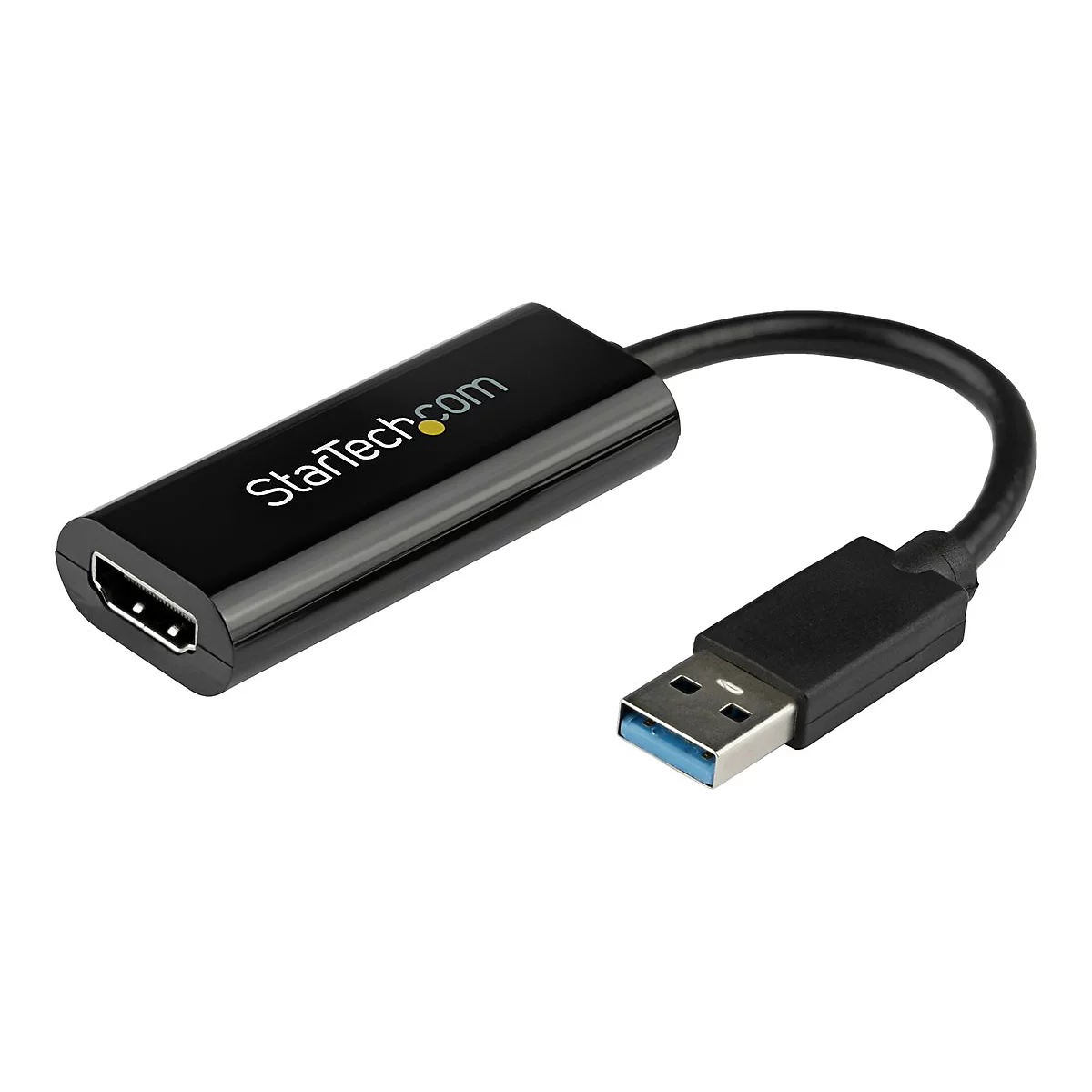 Schwarzer HDMI-auf-USB-Adapter mit USB-3-Anschluss, StarTech.com-Logo.