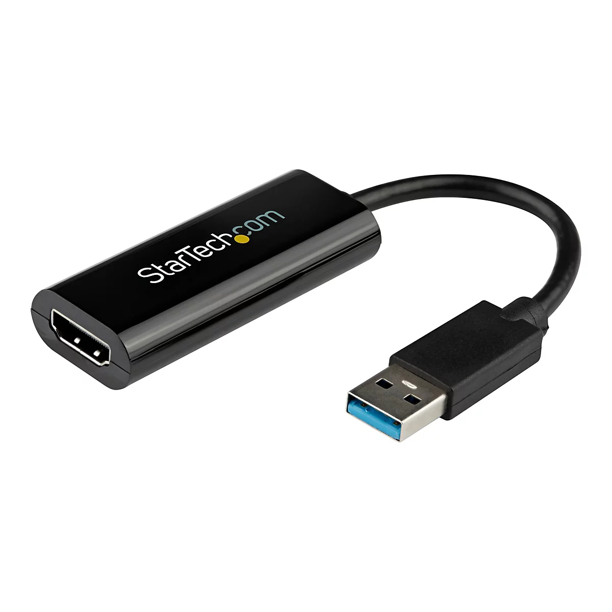 Ein schwarzer Adapter mit HDMI- und USB-Anschluss. Auf dem schwarzen Gehäuse steht StarTech.com in weißer Schrift.