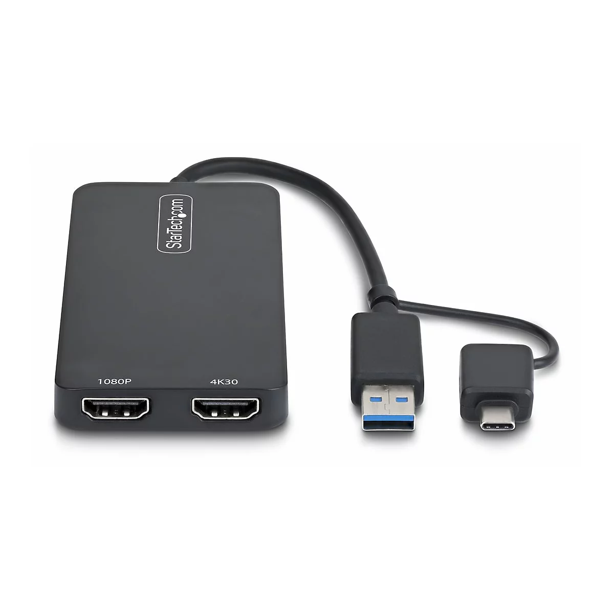 Schwarzer Adapter mit HDMI-, USB- und USB-C-Anschlüssen. Aufschrift 1080P und 4K30, Herstellerlogo Startech.com.