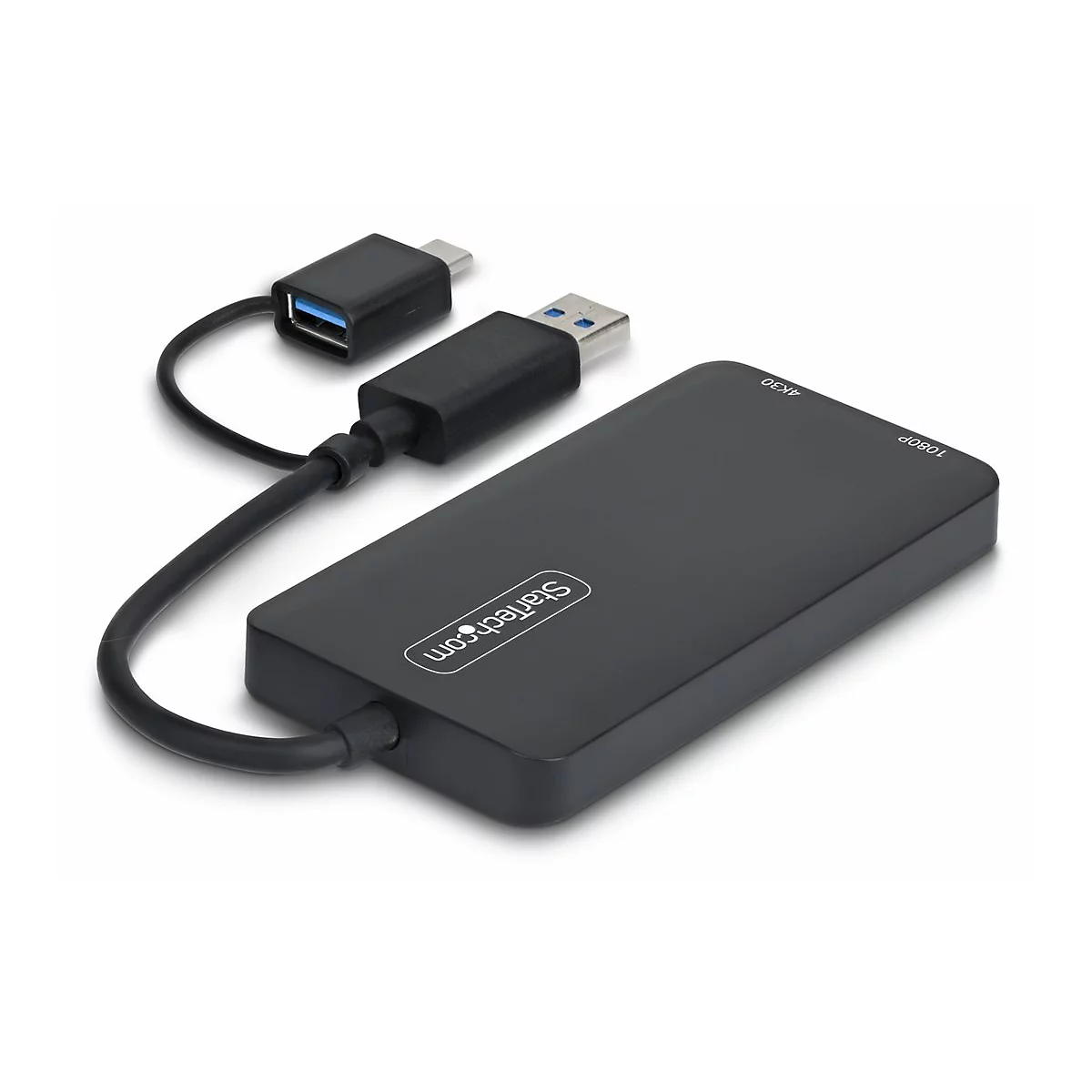 Schwarzer USB-Adapter mit USB-A- und USB-C-Anschlüssen, Beschriftung '4K30' und '1080P'.