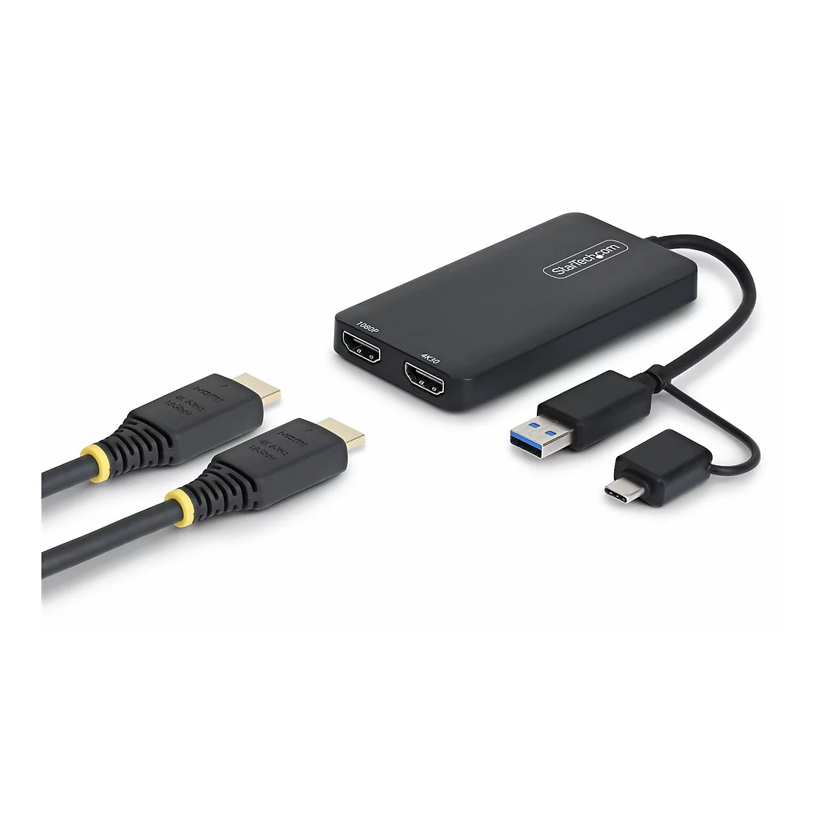 Schwarzer HDMI-Adapter mit zwei Kabeln und Anschlüssen. Auf einem Label steht 'StarTech.com'.