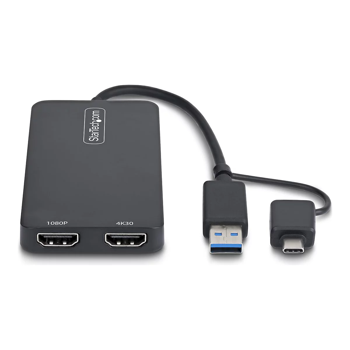 Schwarzer HDMI-Adapter mit USB- und USB-C-Anschluss, StarTech.com Logo. Anschlüsse für 1080P und 4K30.