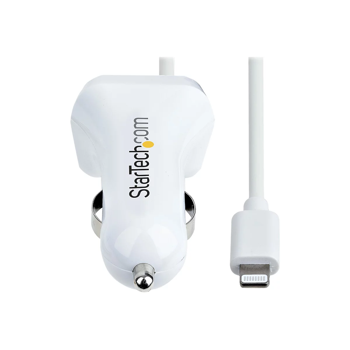 Weißes Autoladegerät mit Lightning-Anschluss. Auf dem Ladegerät steht StarTech.com.