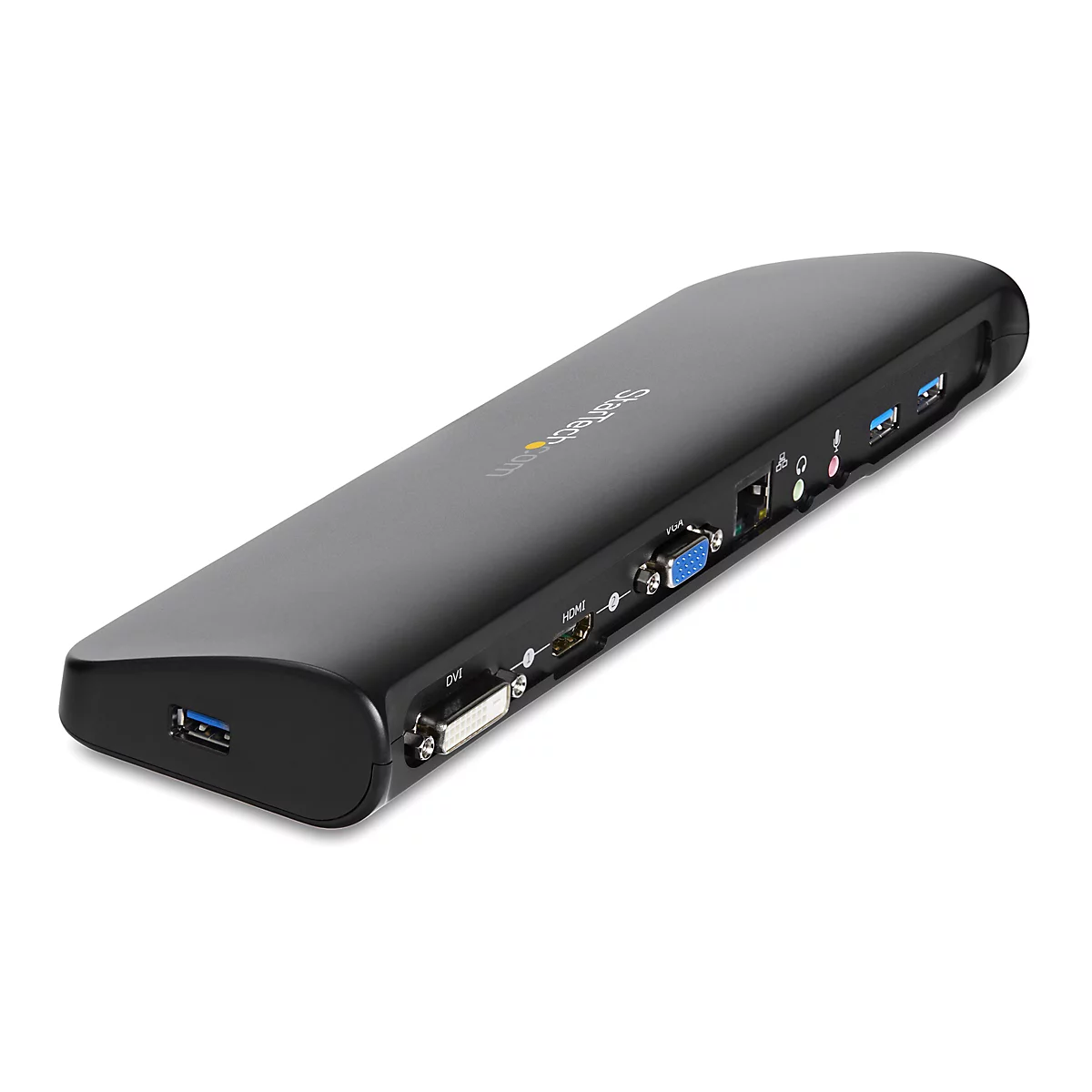 Station d'accueil noire avec divers ports, dont HDMI, VGA et USB. Le logo Startech.com est visible.