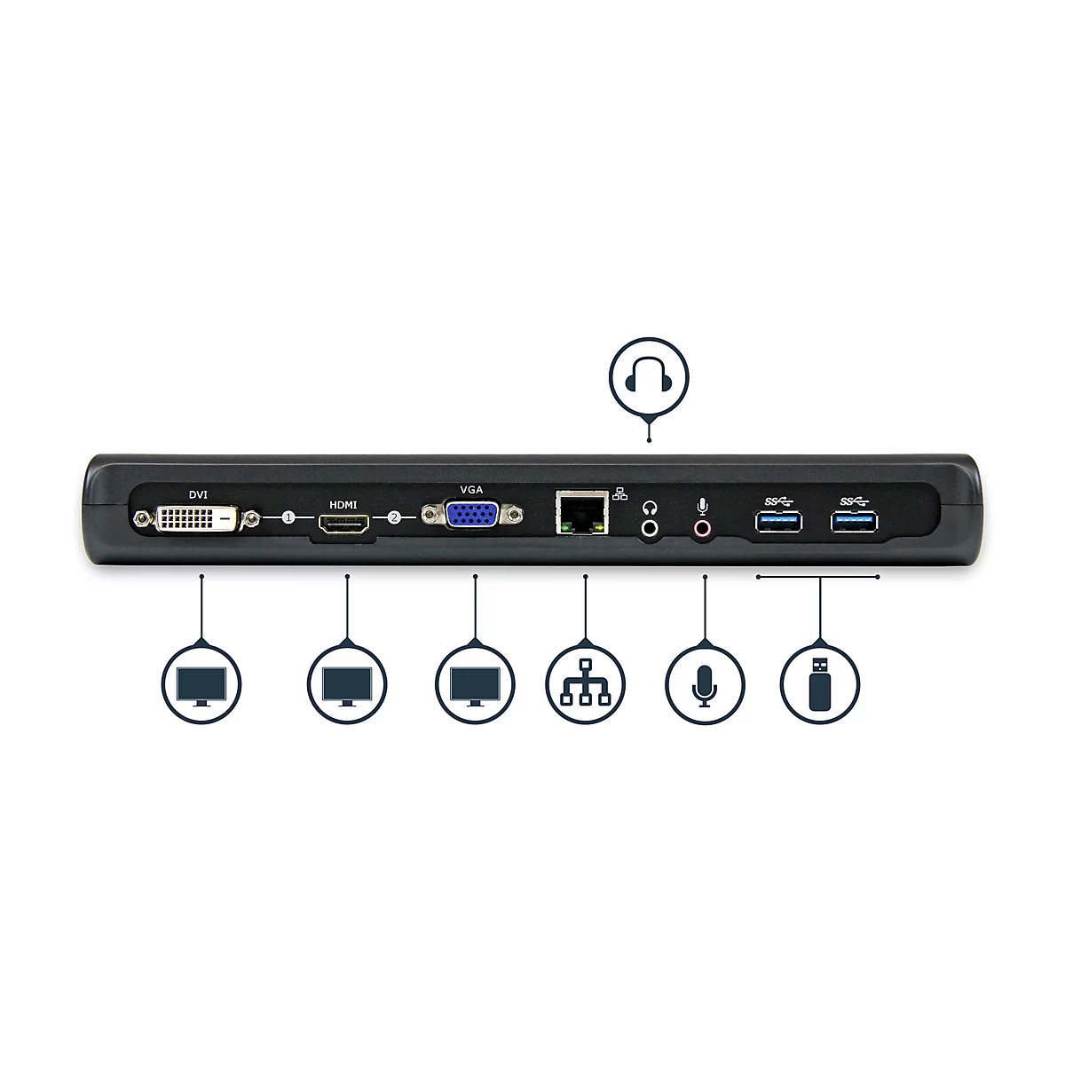 Station d'accueil de connexion noire avec ports DVI, HDMI, VGA, Ethernet, audio, microphone, USB-A et symbole de casque.