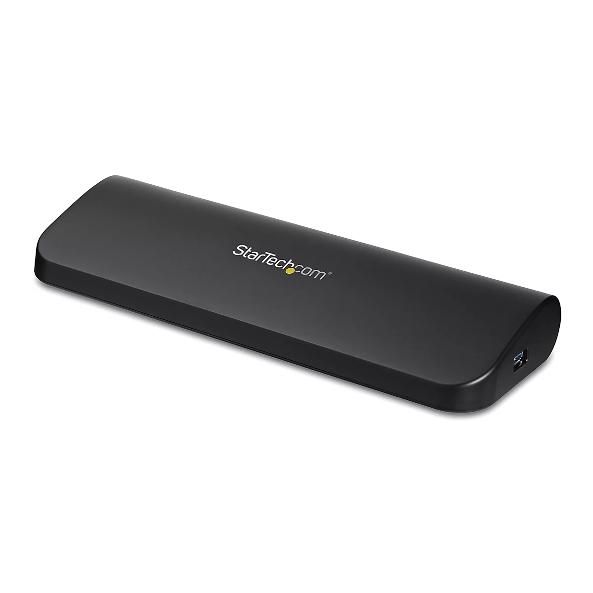 Station d'accueil StarTech.com rectangulaire noire avec logo jaune, en biais sur fond blanc.