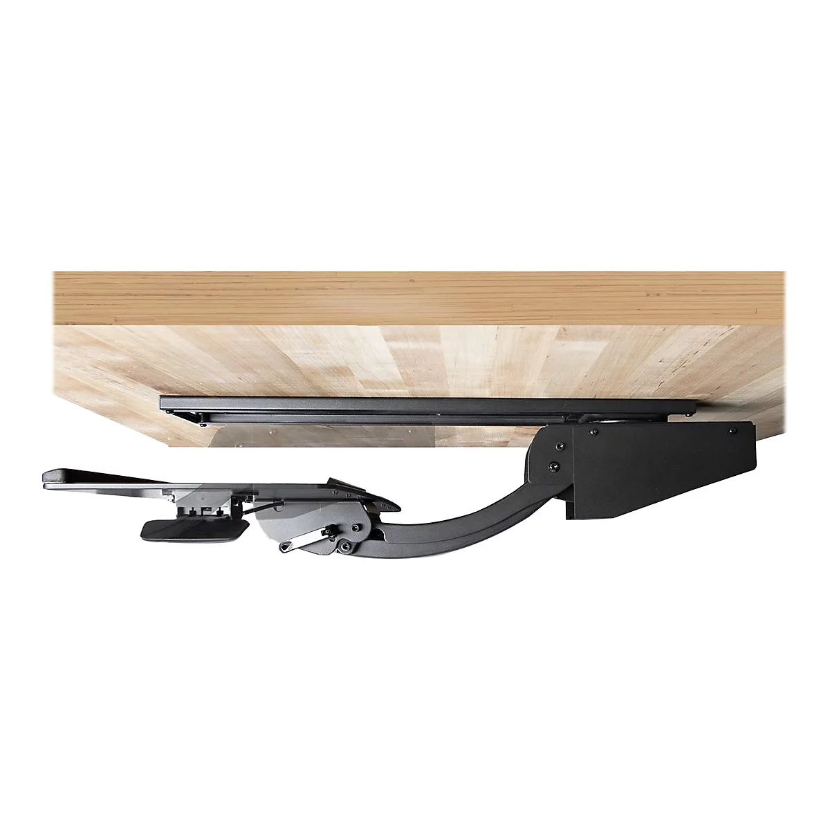 Gros plan d'un support de clavier noir monté sous un plateau de table en bois.