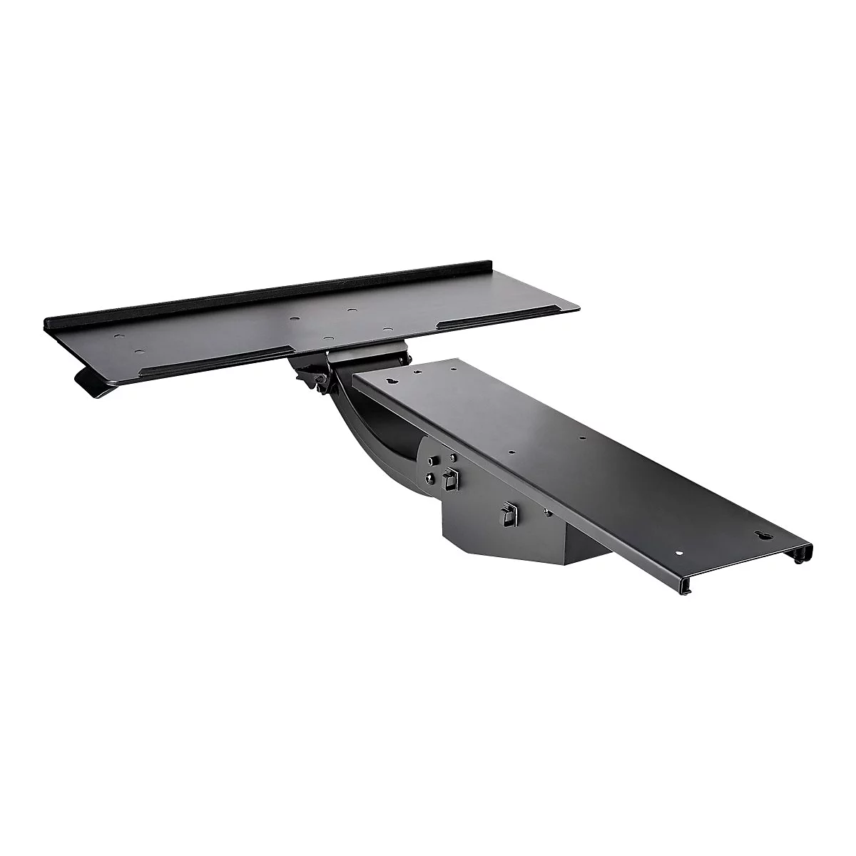 Plateau de clavier pivotant noir, conçu pour montage mural. Composé de deux étagères rectangulaires reliées par une articulation.